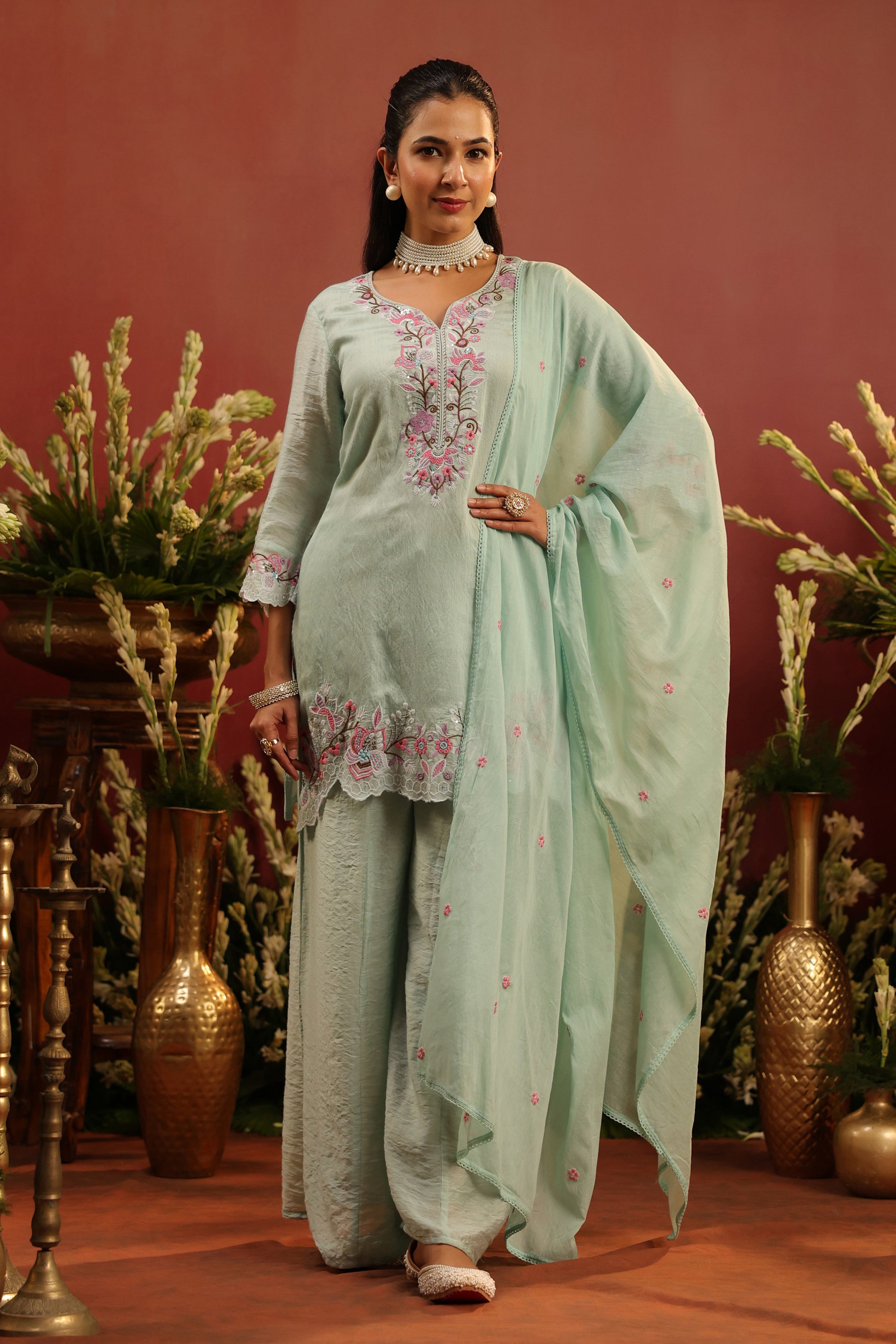 Sea Green Mul Chanderi Embroidered Sharara Set