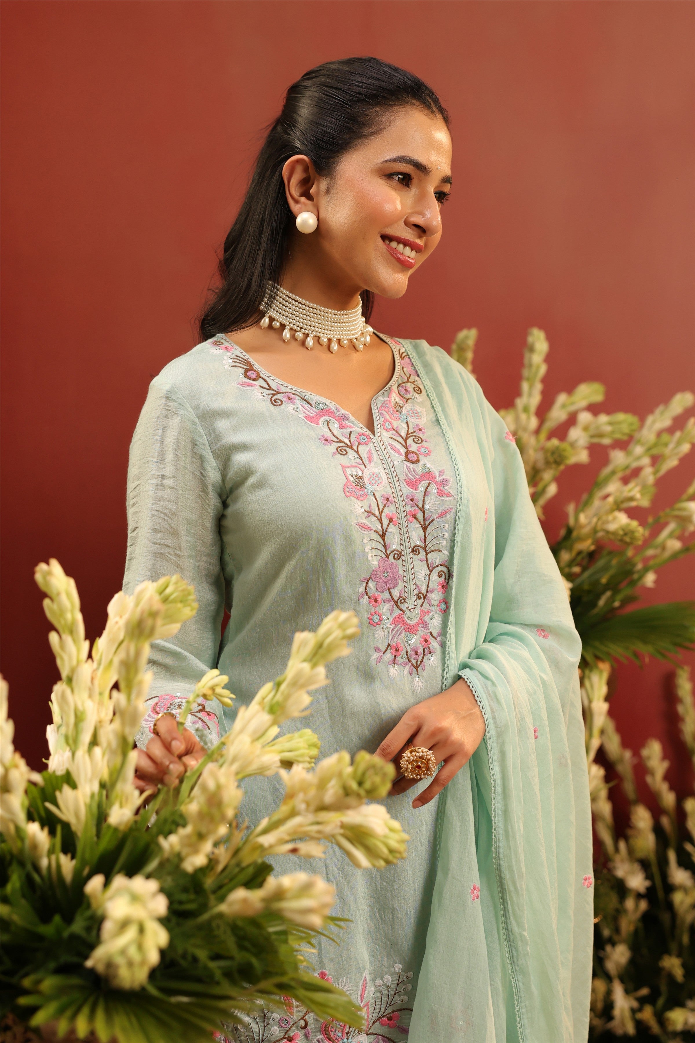 Sea Green Mul Chanderi Embroidered Sharara Set