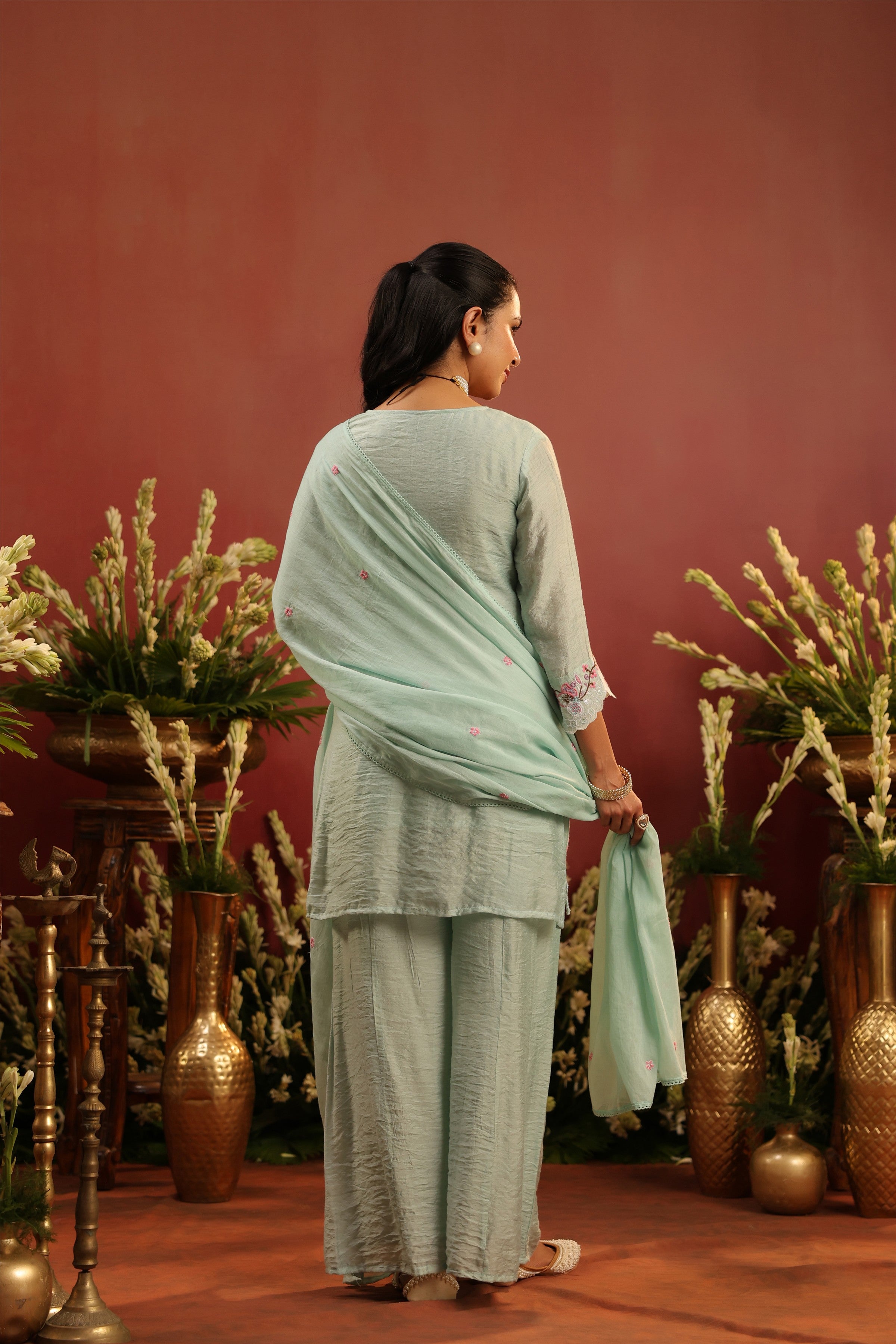 Sea Green Mul Chanderi Embroidered Sharara Set