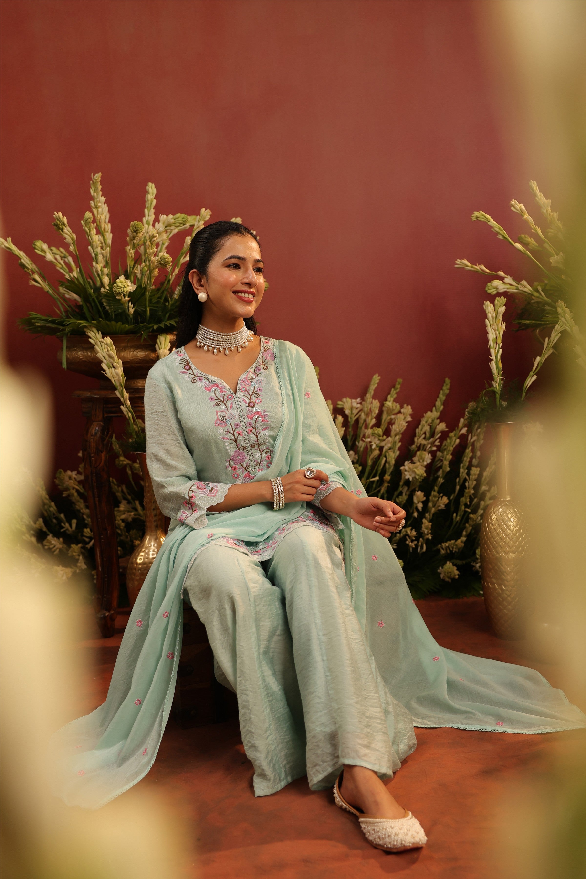Sea Green Mul Chanderi Embroidered Sharara Set