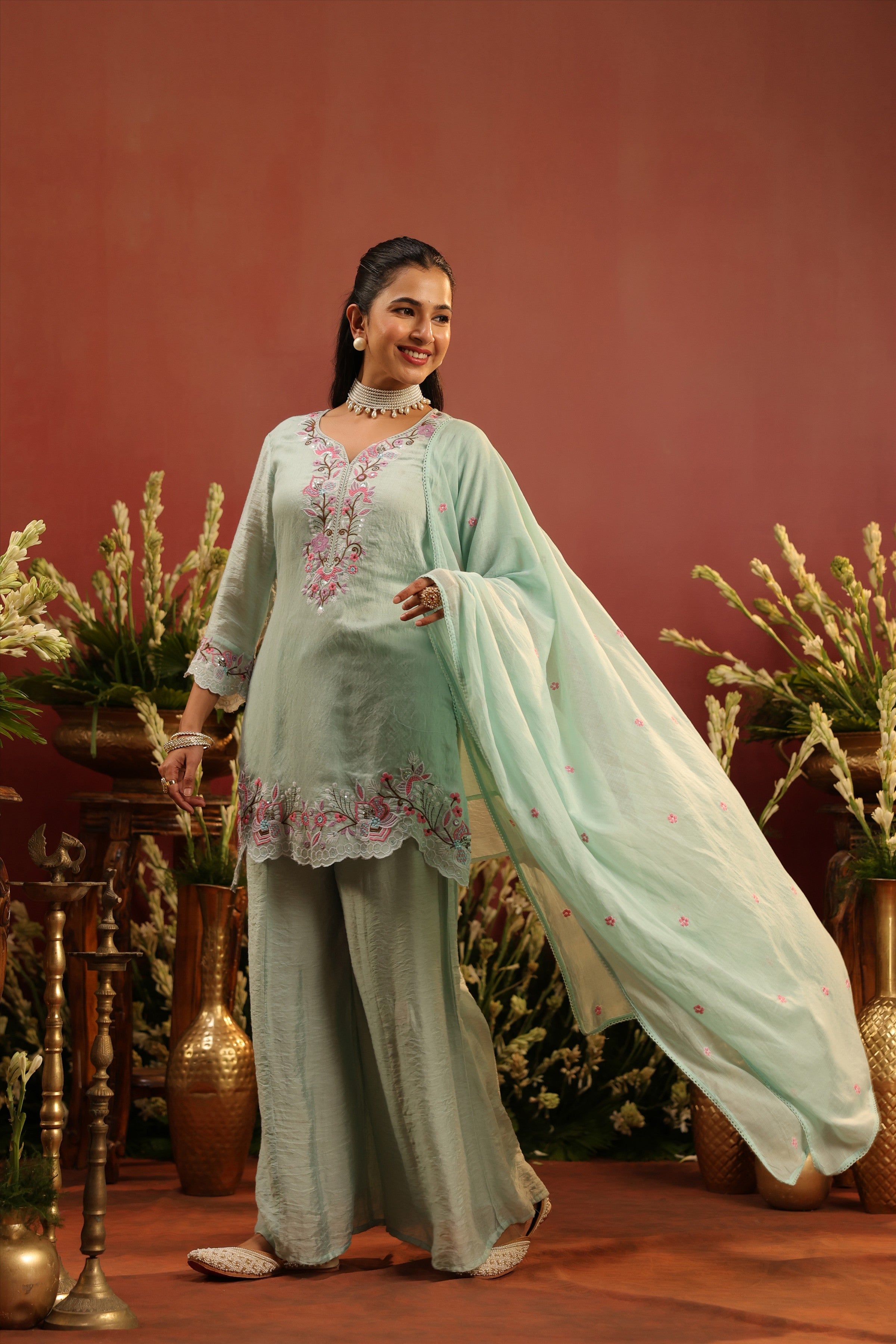 Sea Green Mul Chanderi Embroidered Sharara Set