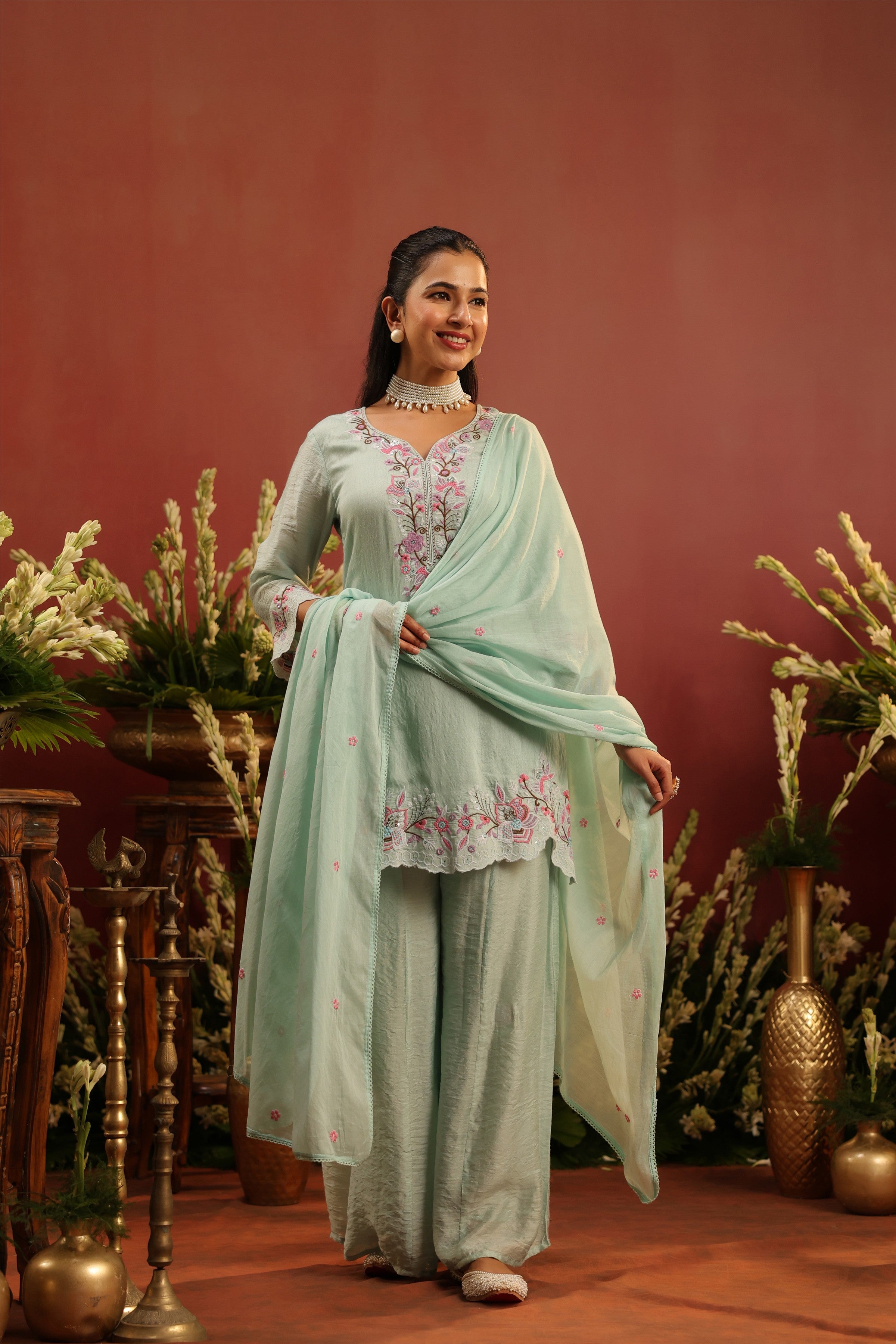 Sea Green Mul Chanderi Embroidered Sharara Set