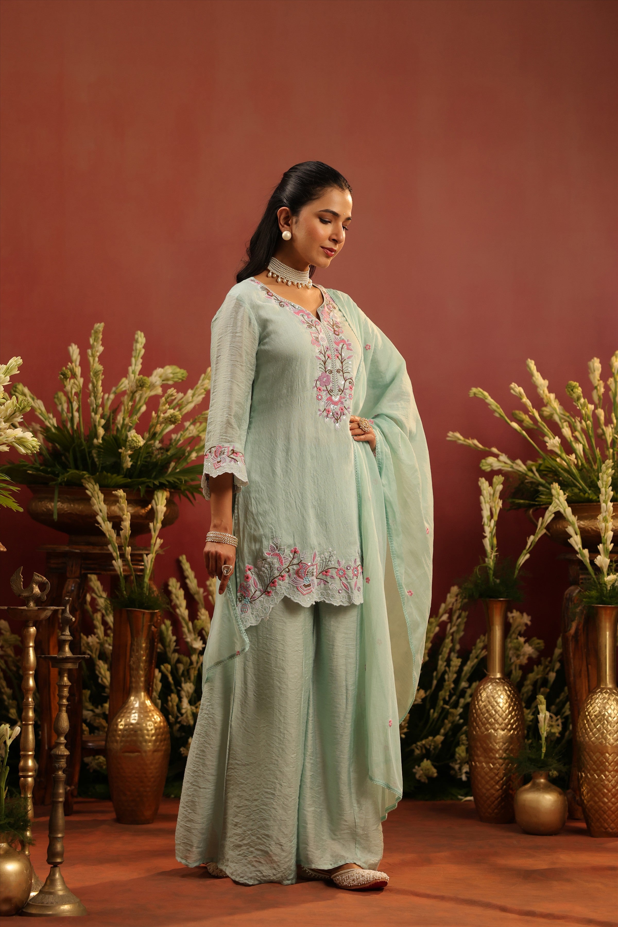 Sea Green Mul Chanderi Embroidered Sharara Set
