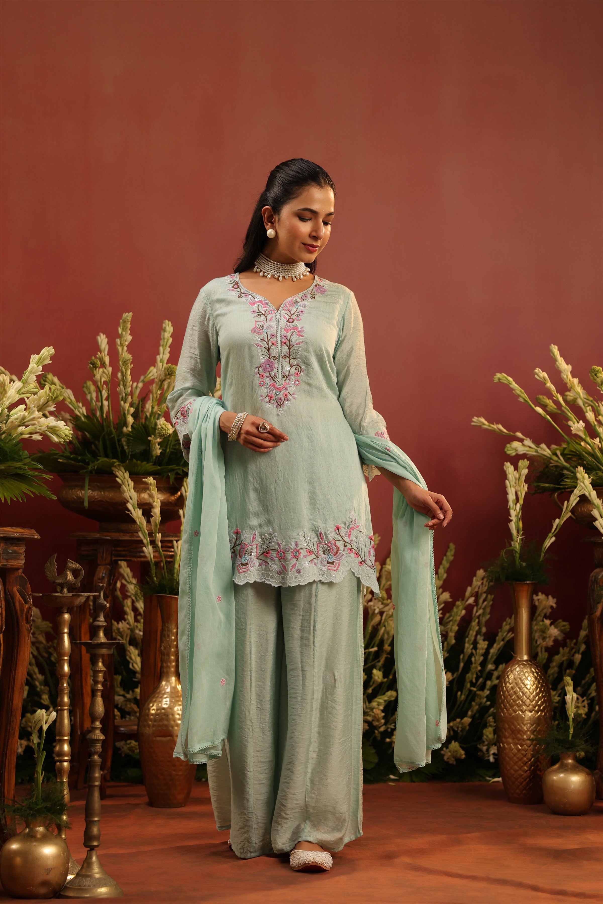 Sea Green Mul Chanderi Embroidered Sharara Set
