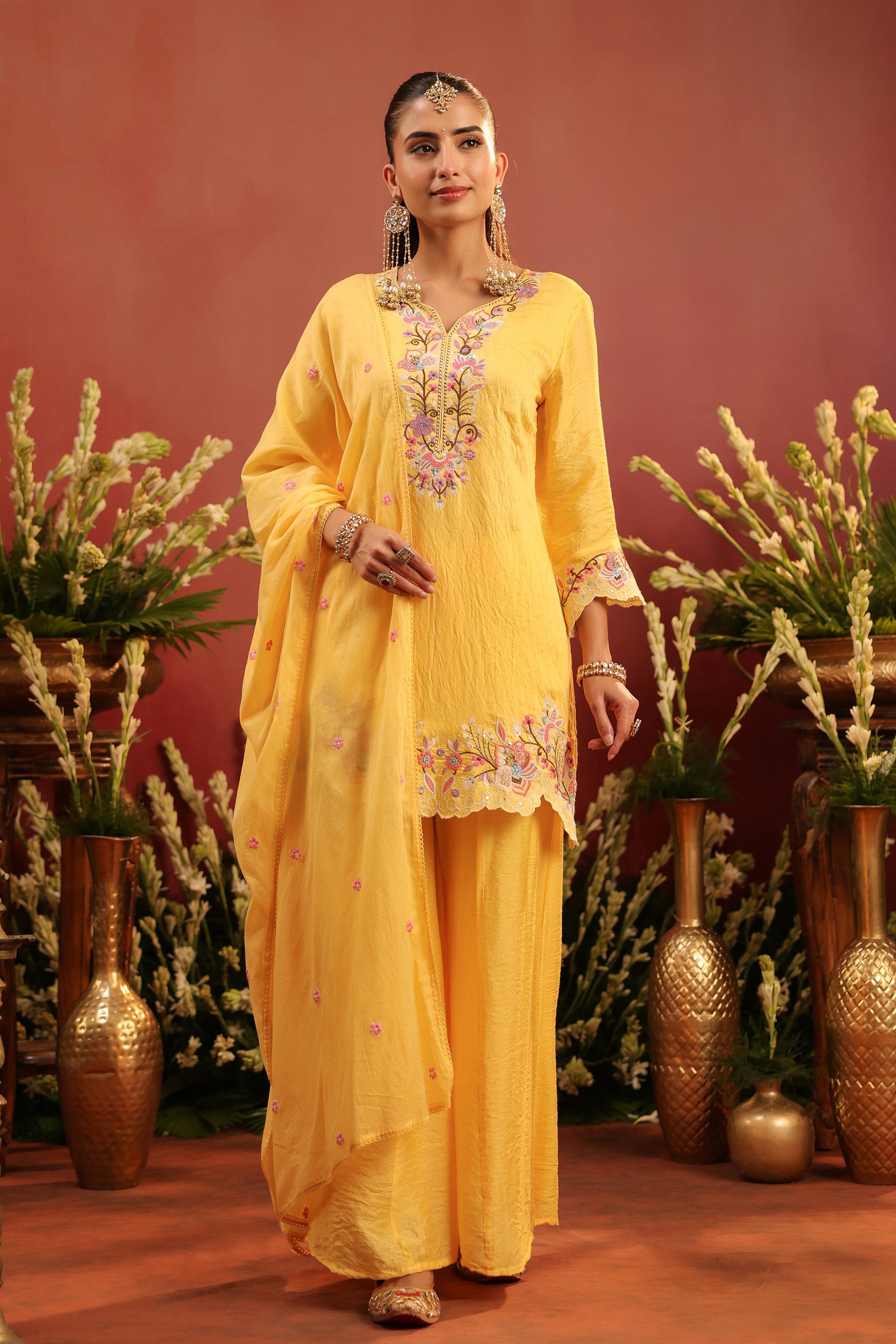 Yellow Mul Chanderi Embroidered Sharara Set