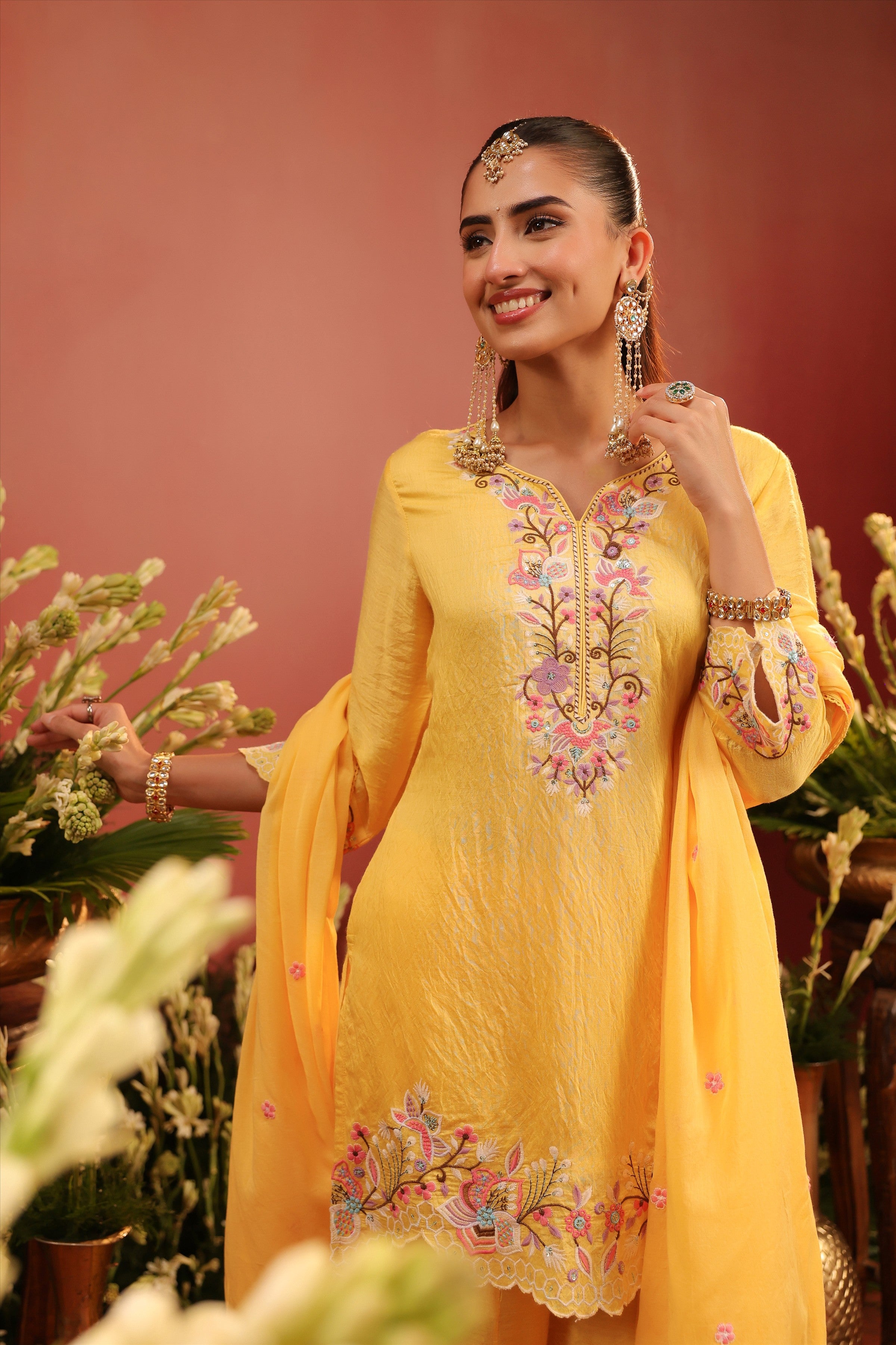 Yellow Mul Chanderi Embroidered Sharara Set