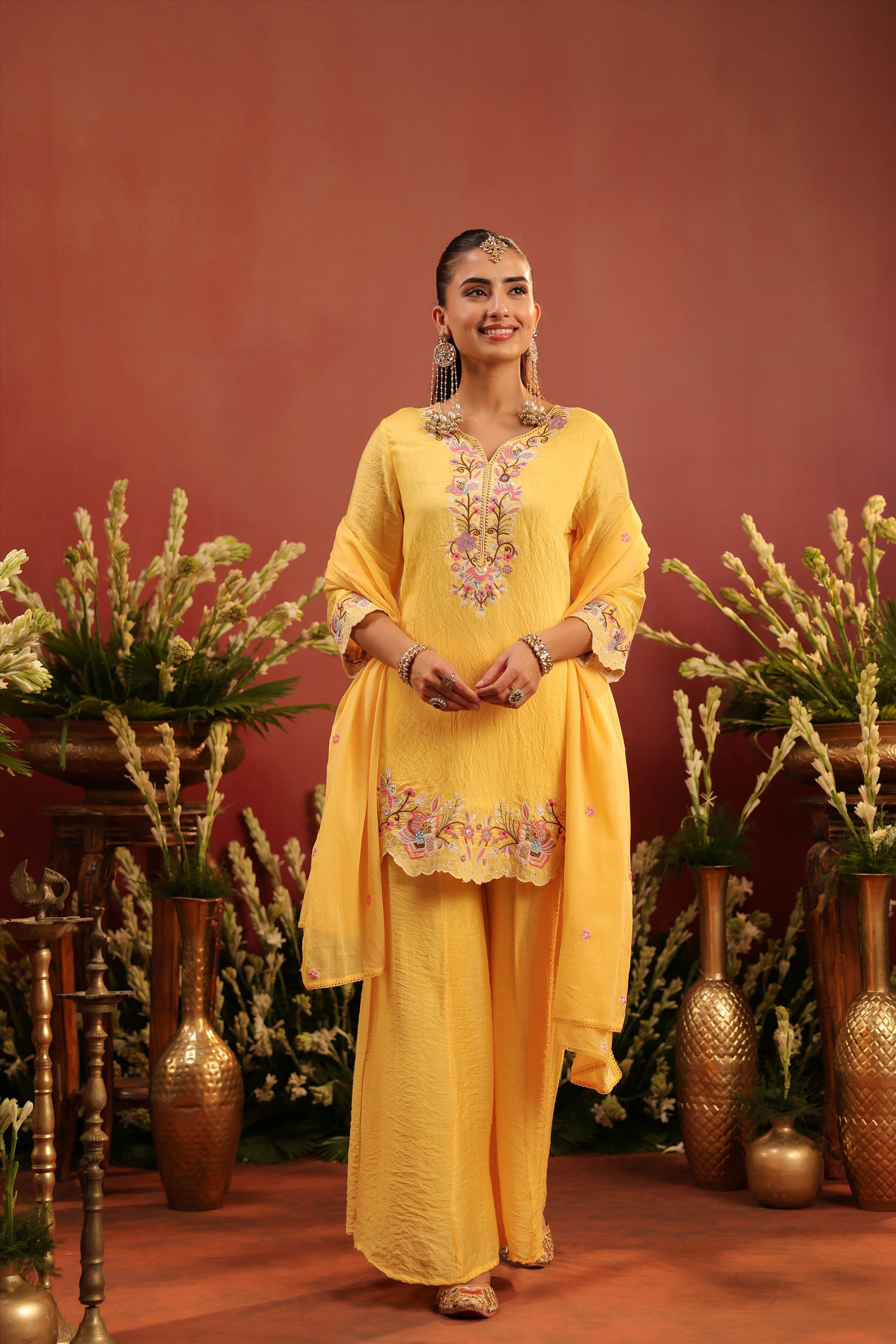 Yellow Mul Chanderi Embroidered Sharara Set