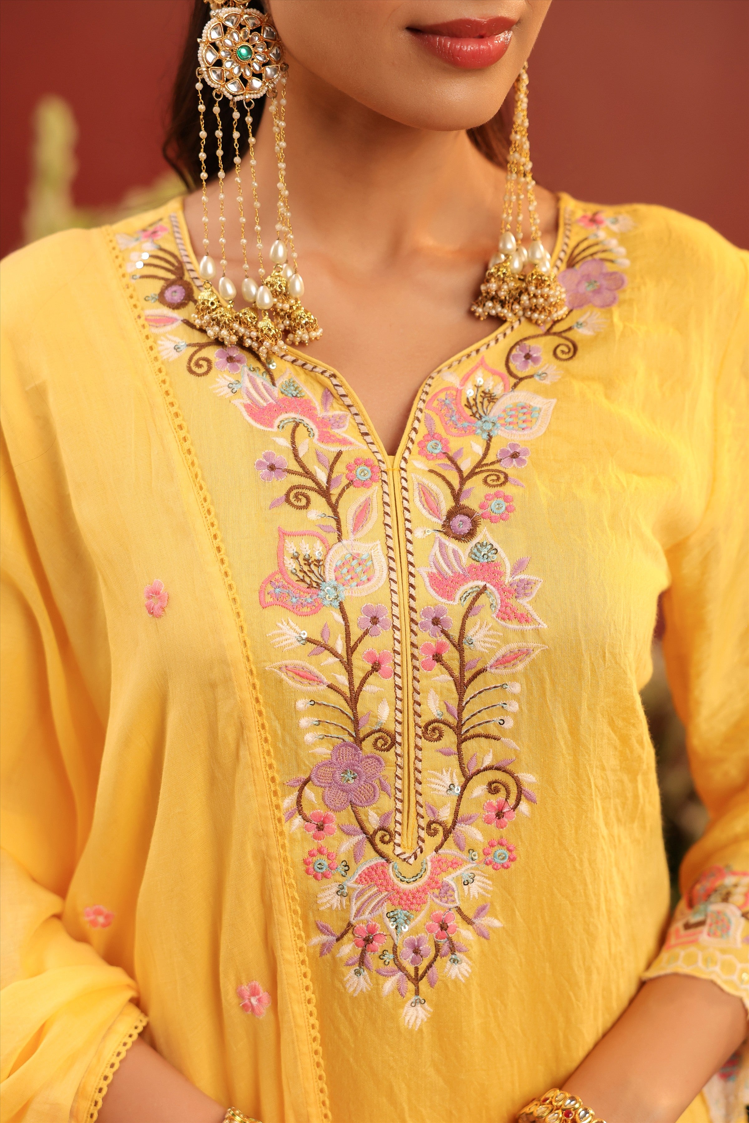 Yellow Mul Chanderi Embroidered Sharara Set