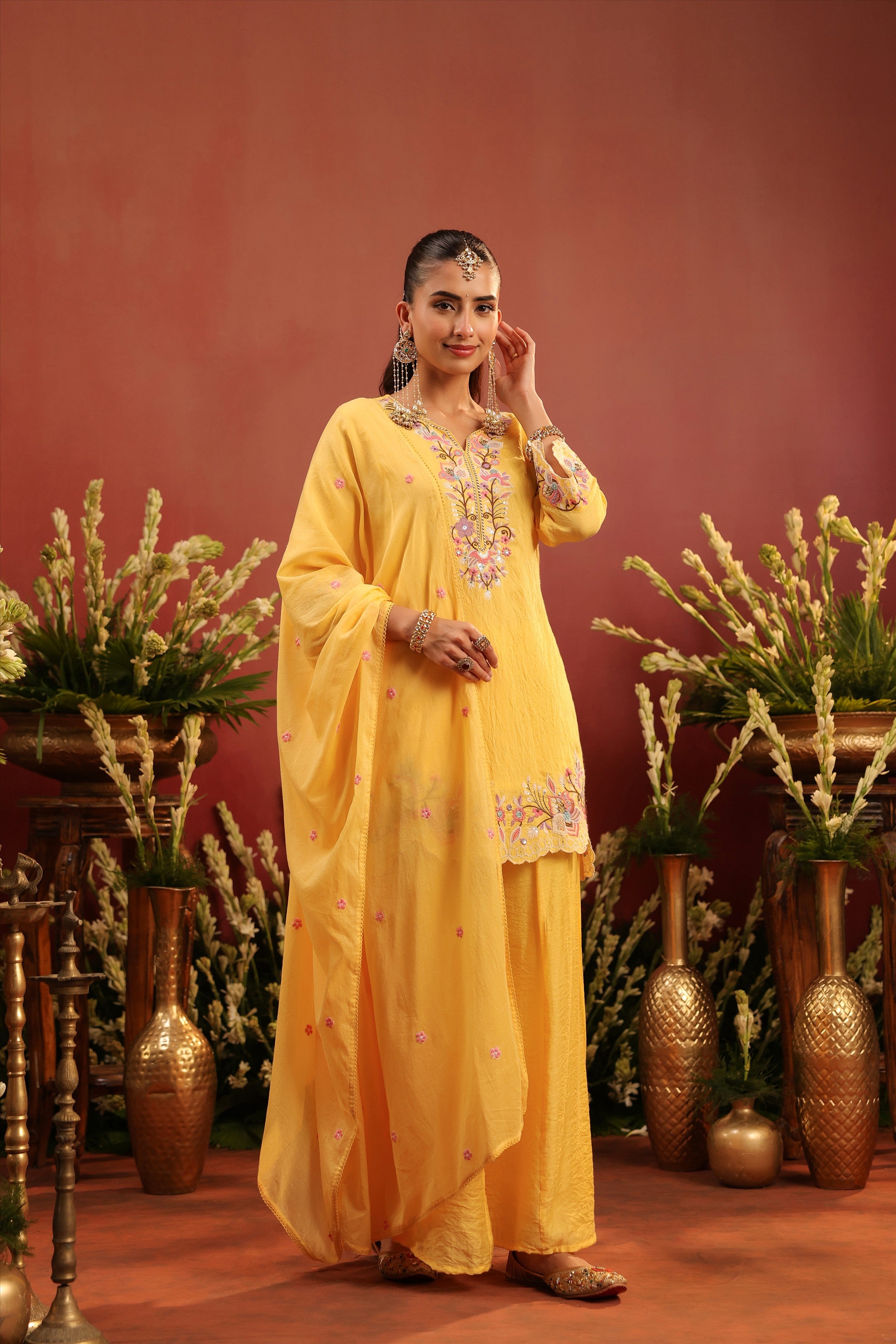 Yellow Mul Chanderi Embroidered Sharara Set
