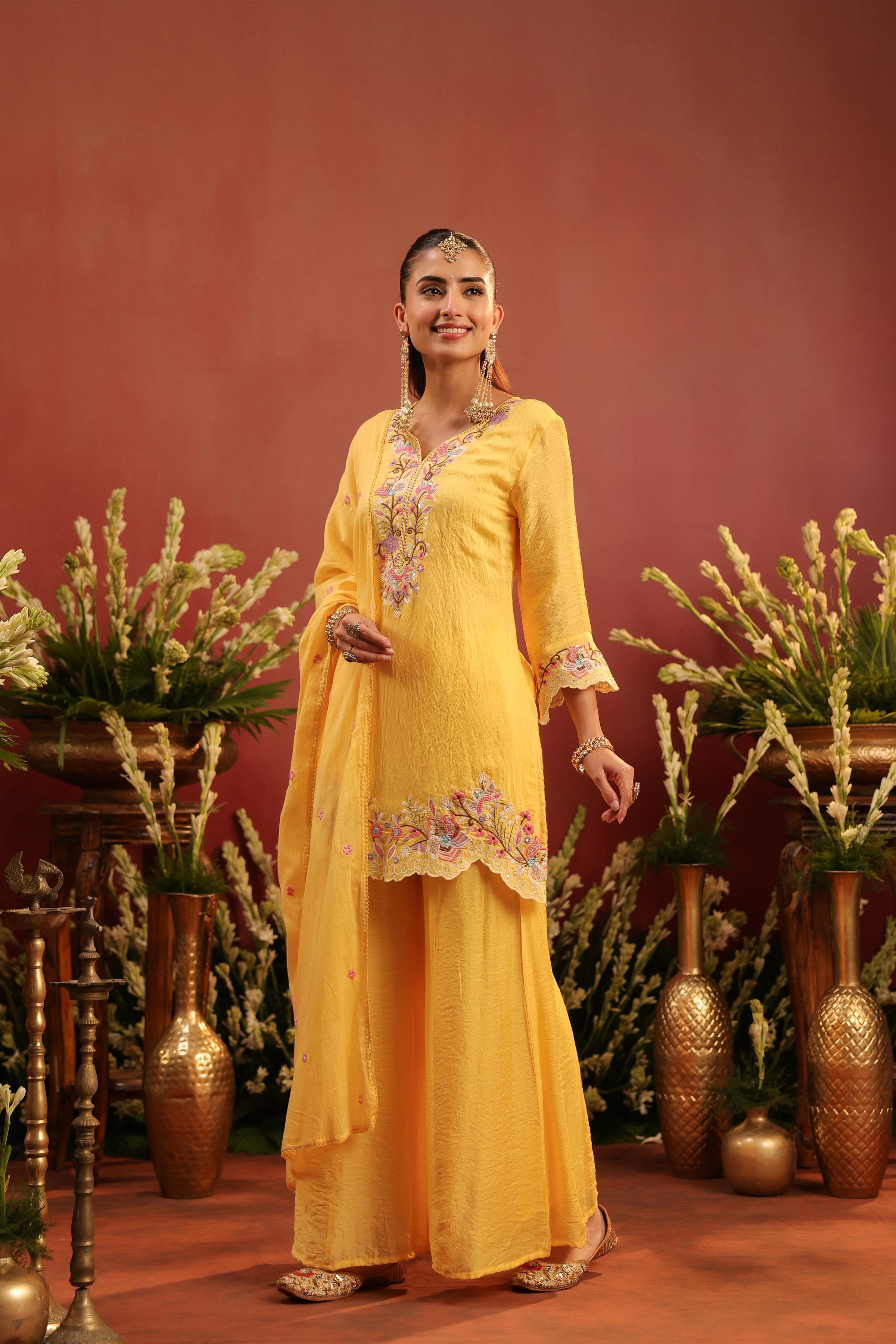 Yellow Mul Chanderi Embroidered Sharara Set