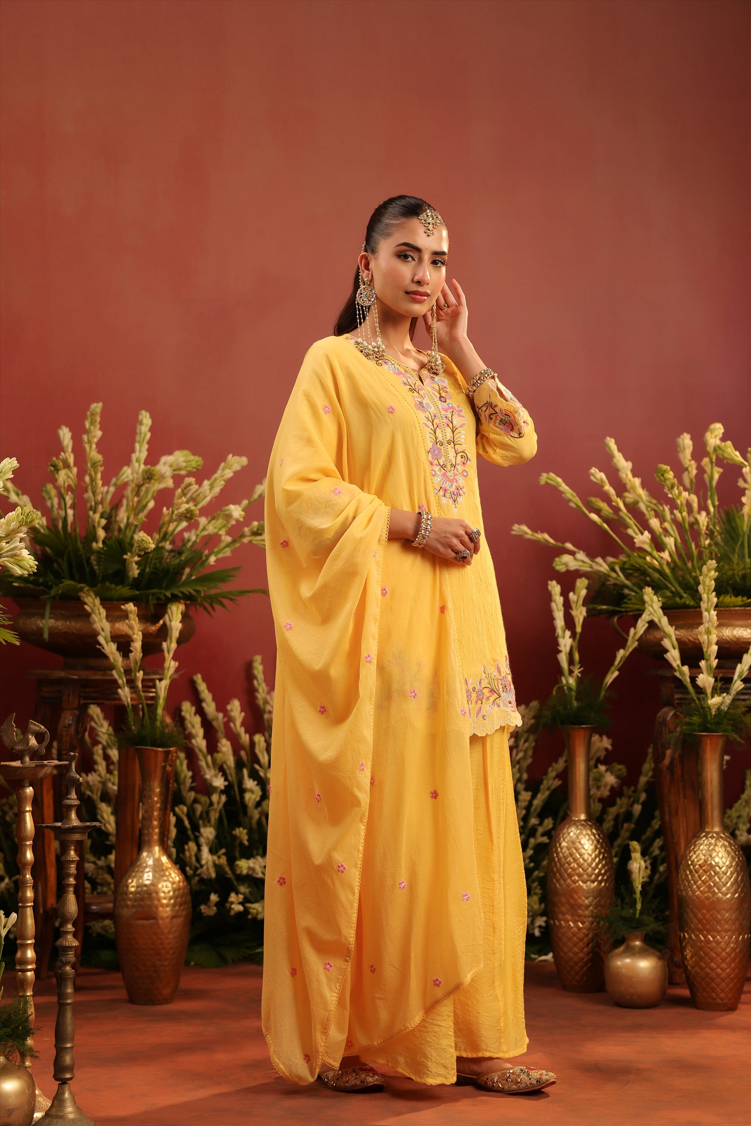 Yellow Mul Chanderi Embroidered Sharara Set