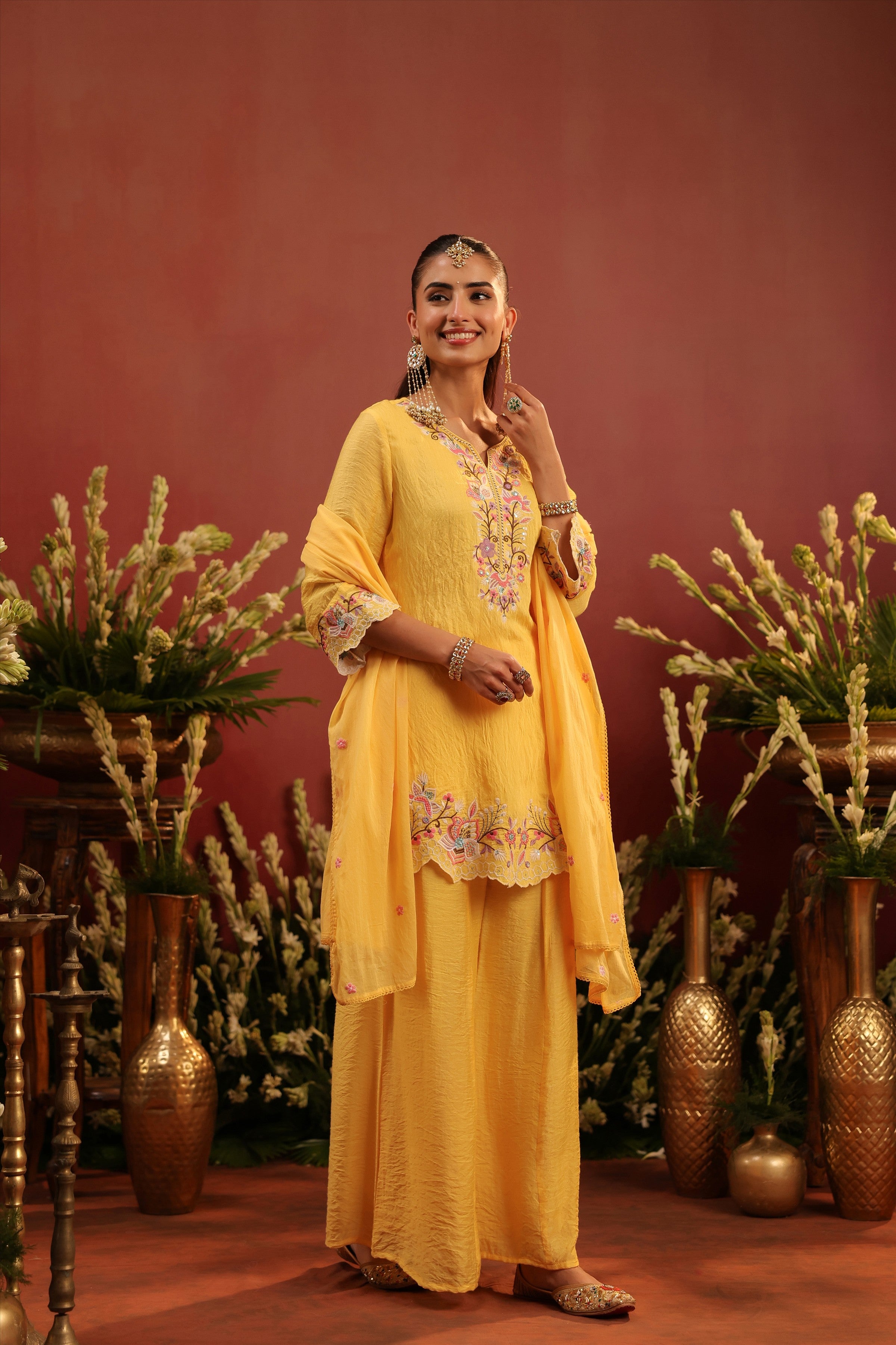 Yellow Mul Chanderi Embroidered Sharara Set