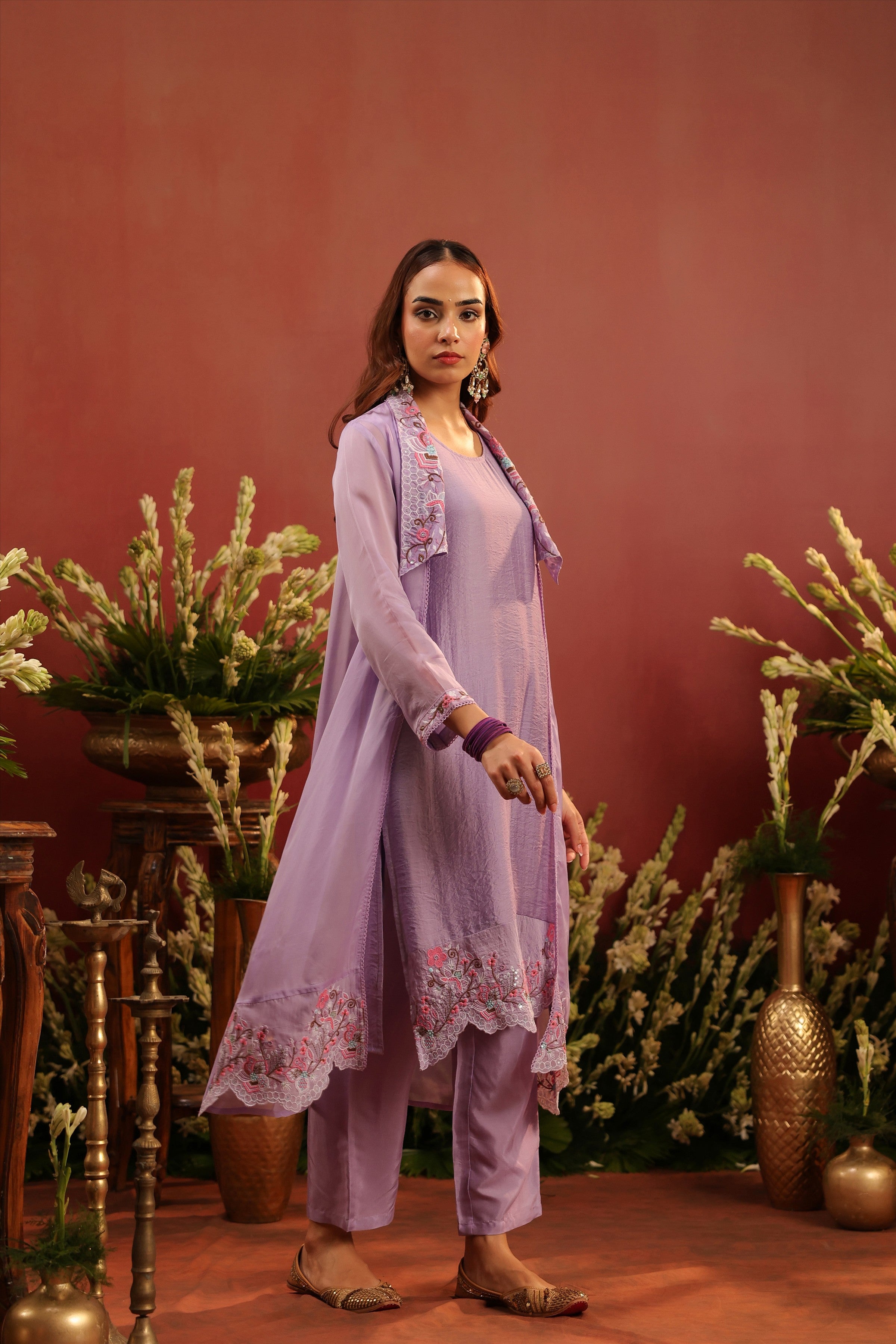 Lavender Organza Silk Embroidered Shrug Set