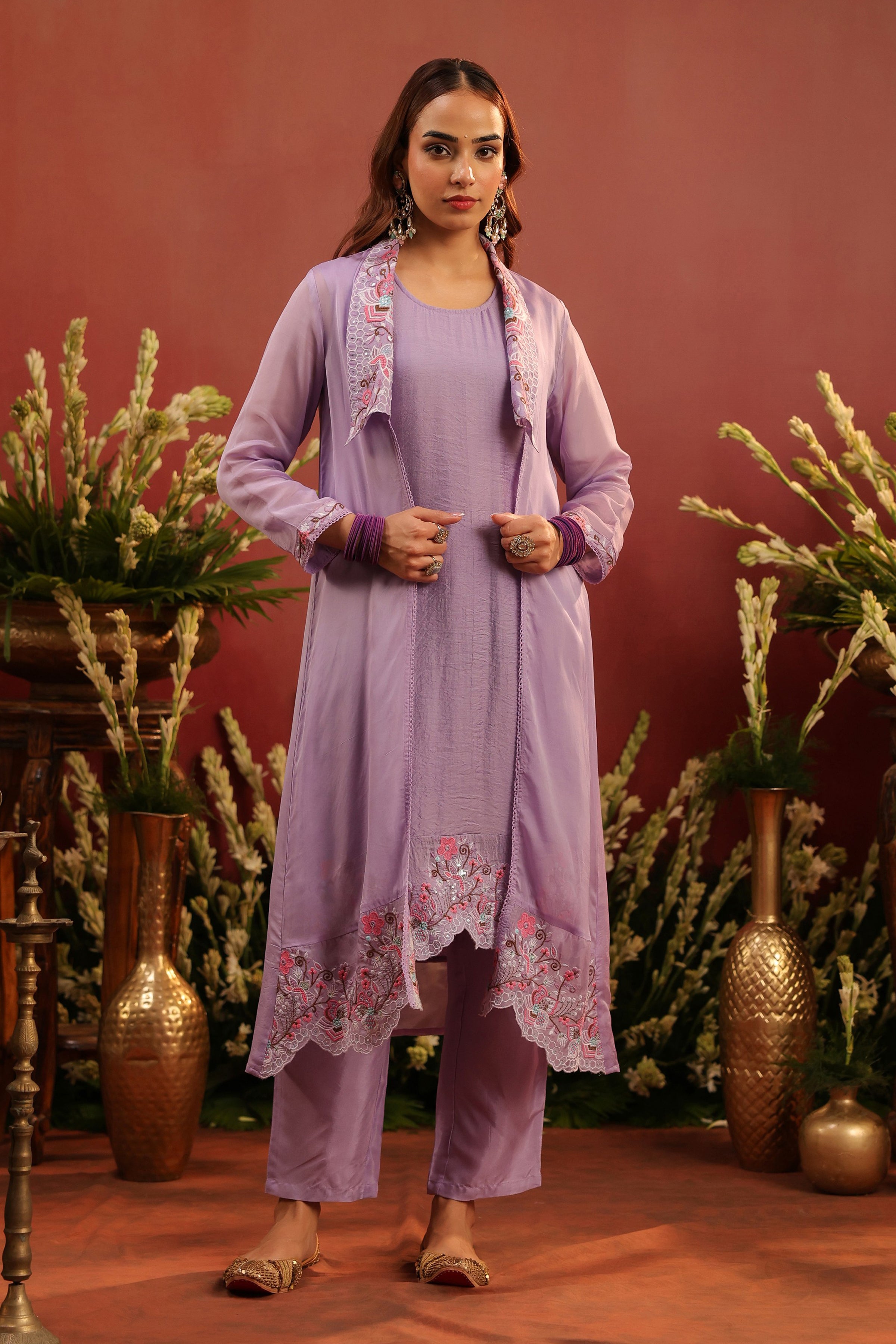 Lavender Organza Silk Embroidered Shrug Set