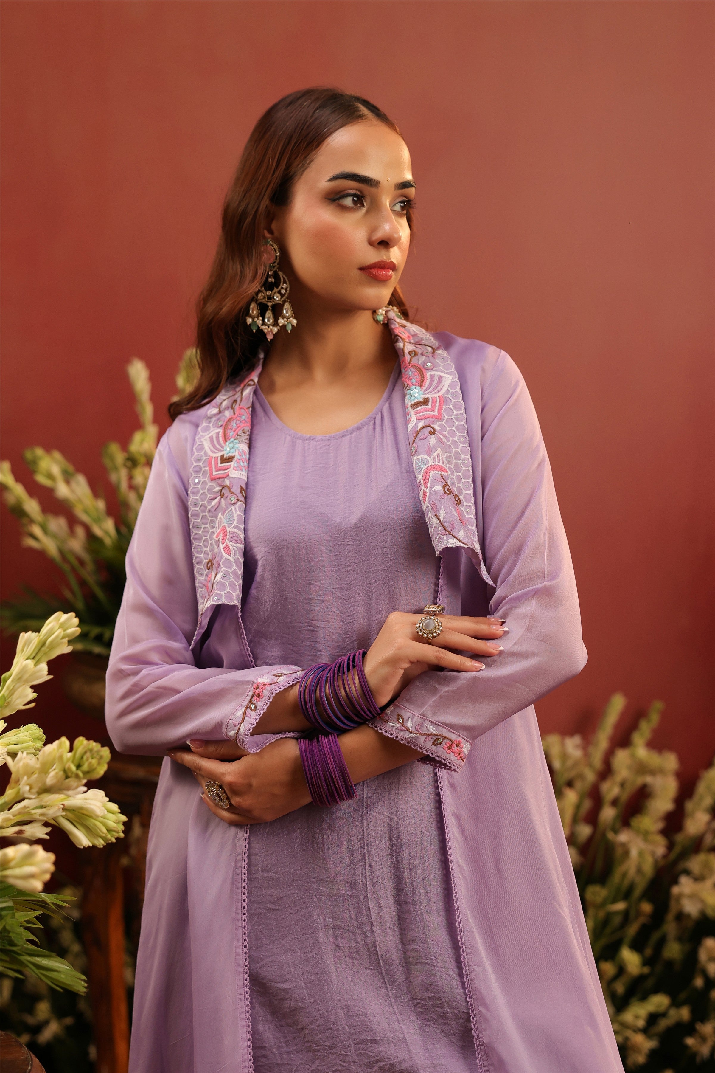 Lavender Organza Silk Embroidered Shrug Set