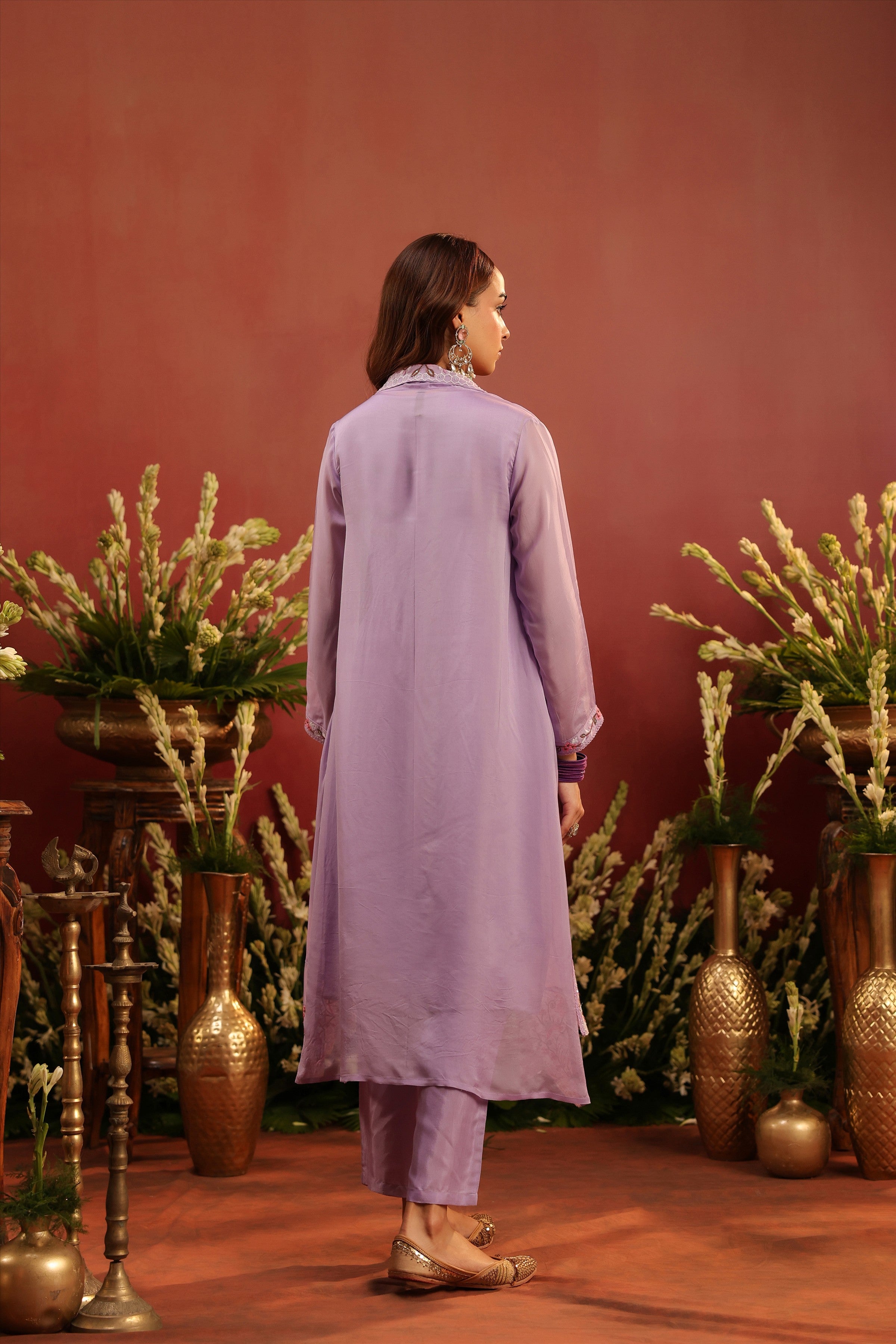 Lavender Organza Silk Embroidered Shrug Set