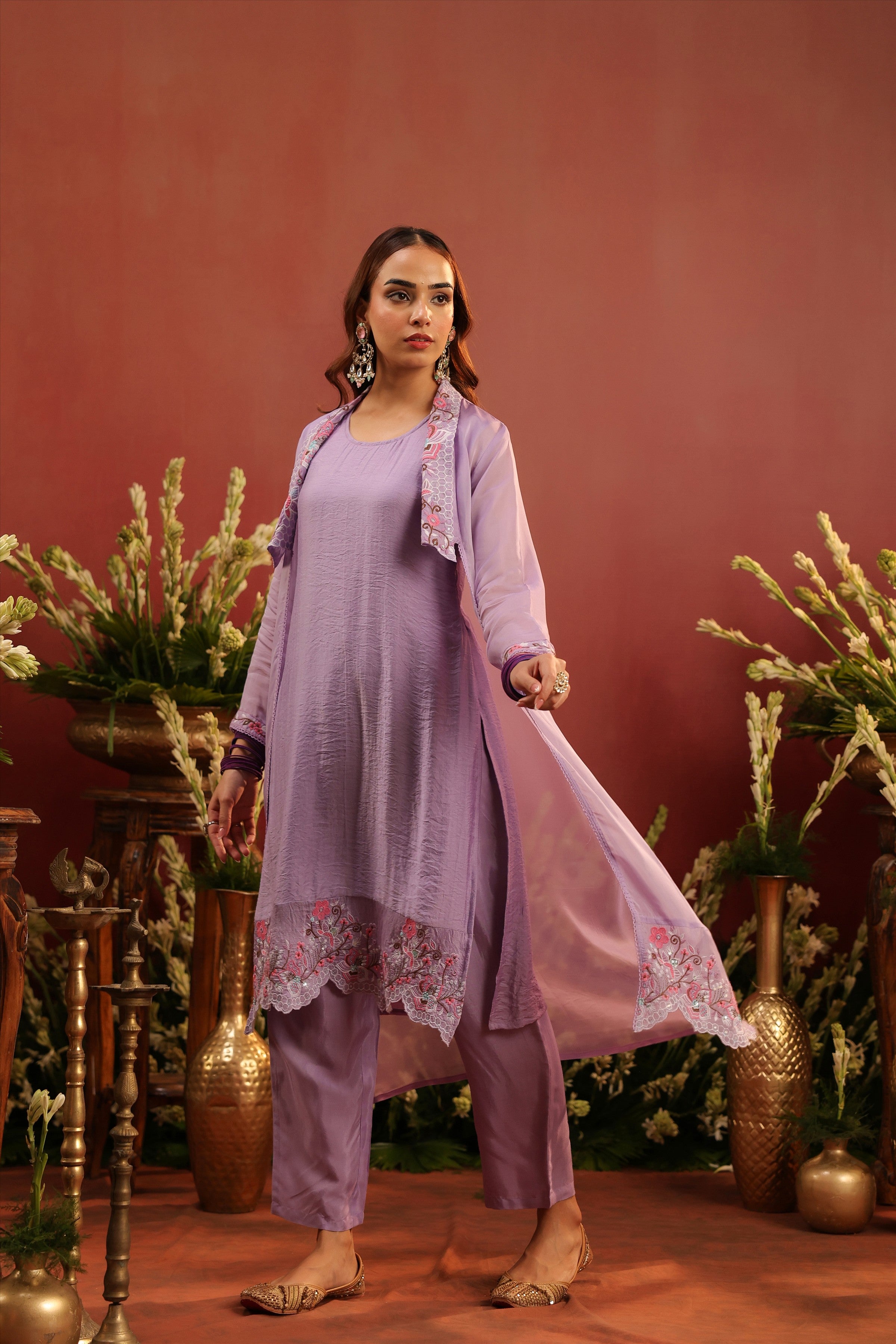 Lavender Organza Silk Embroidered Shrug Set