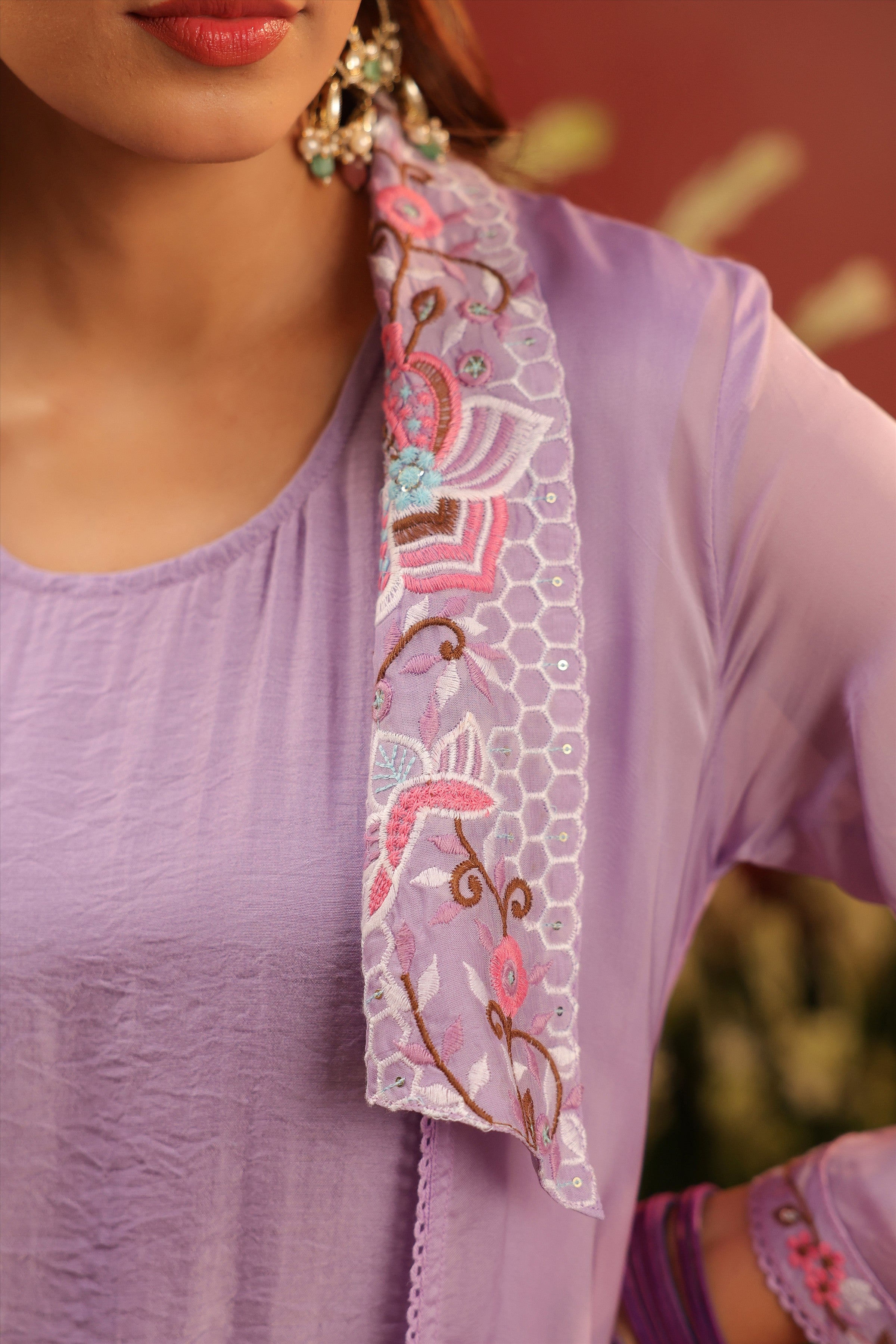 Lavender Organza Silk Embroidered Shrug Set