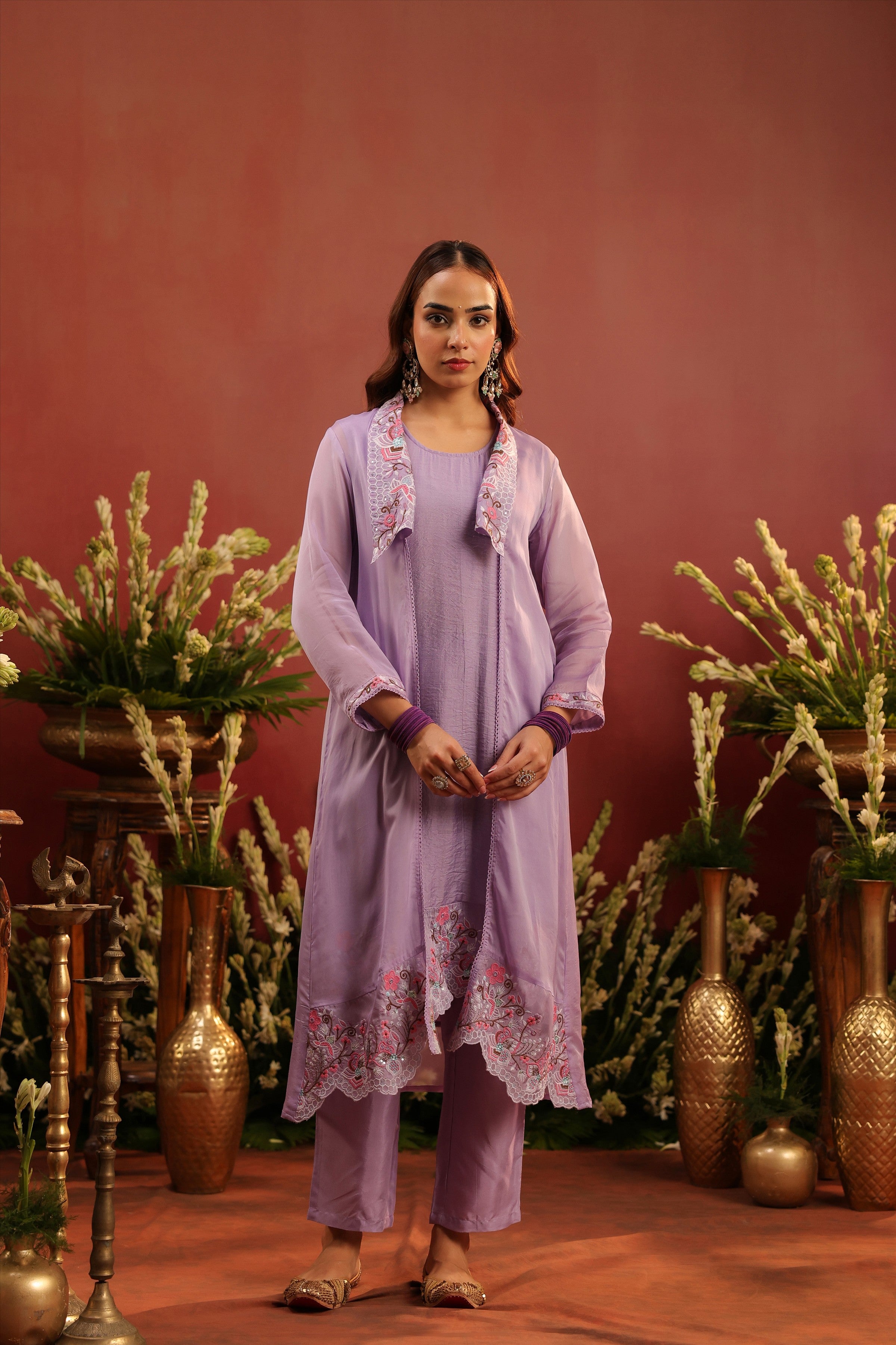 Lavender Organza Silk Embroidered Shrug Set