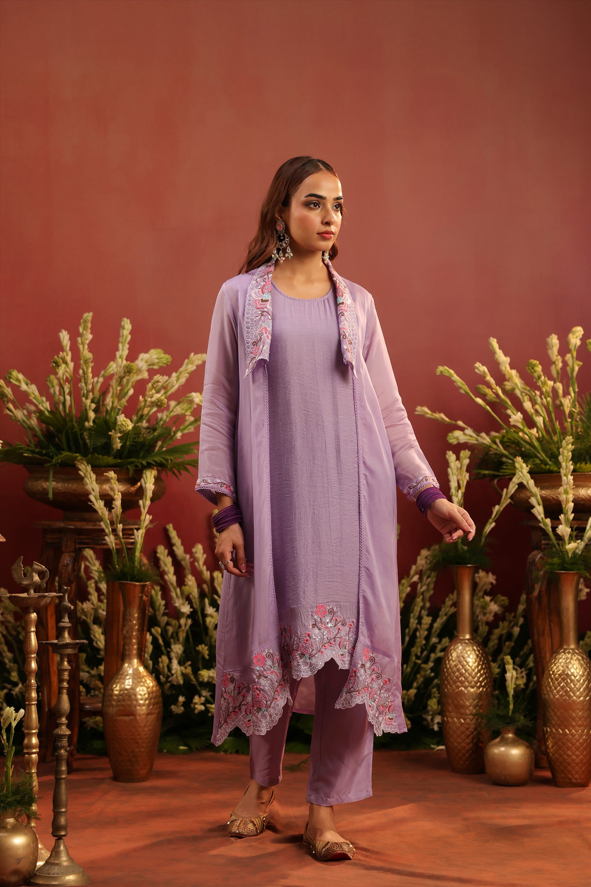 Lavender Organza Silk Embroidered Shrug Set