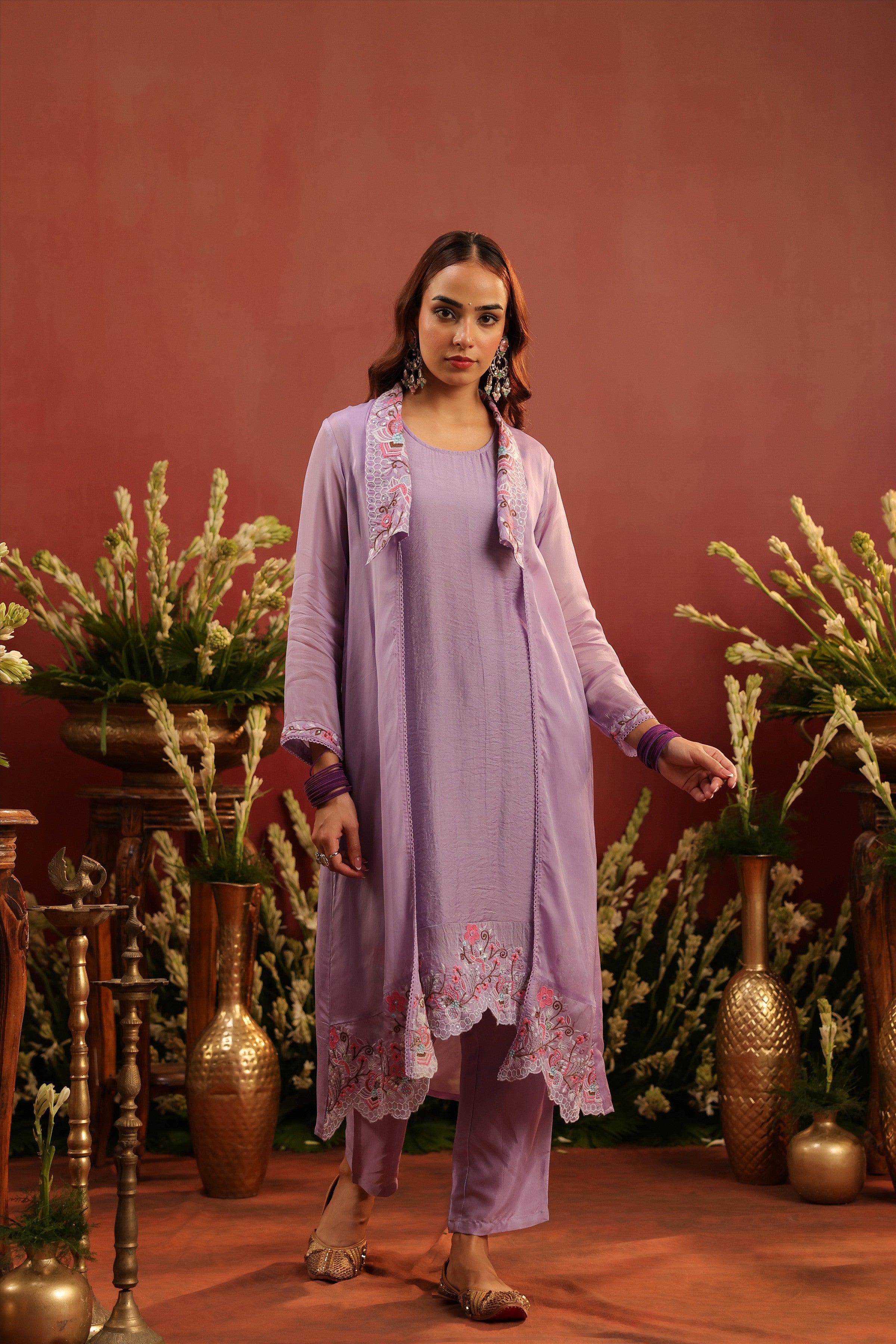 Lavender Organza Silk Embroidered Shrug Set