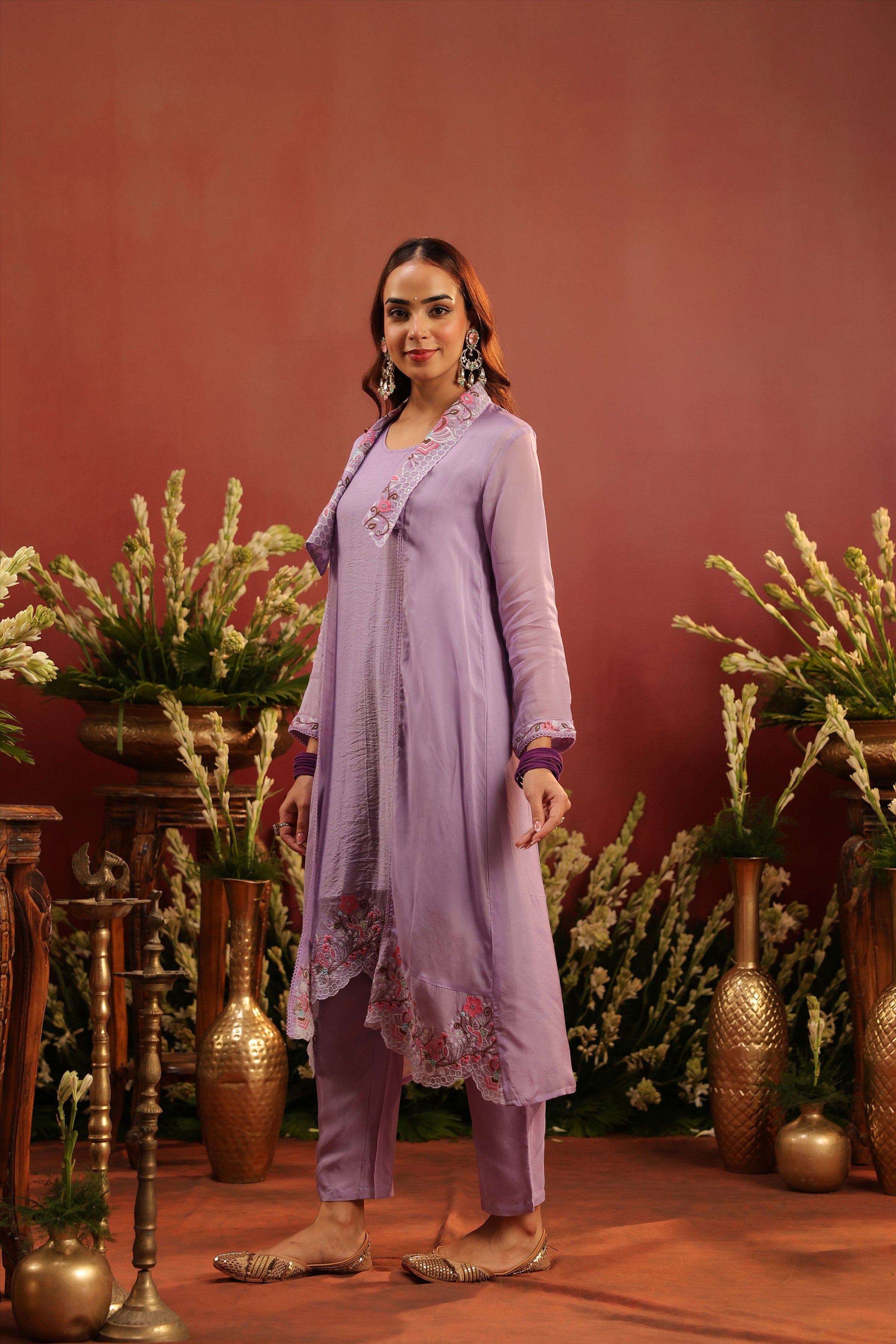 Lavender Organza Silk Embroidered Shrug Set