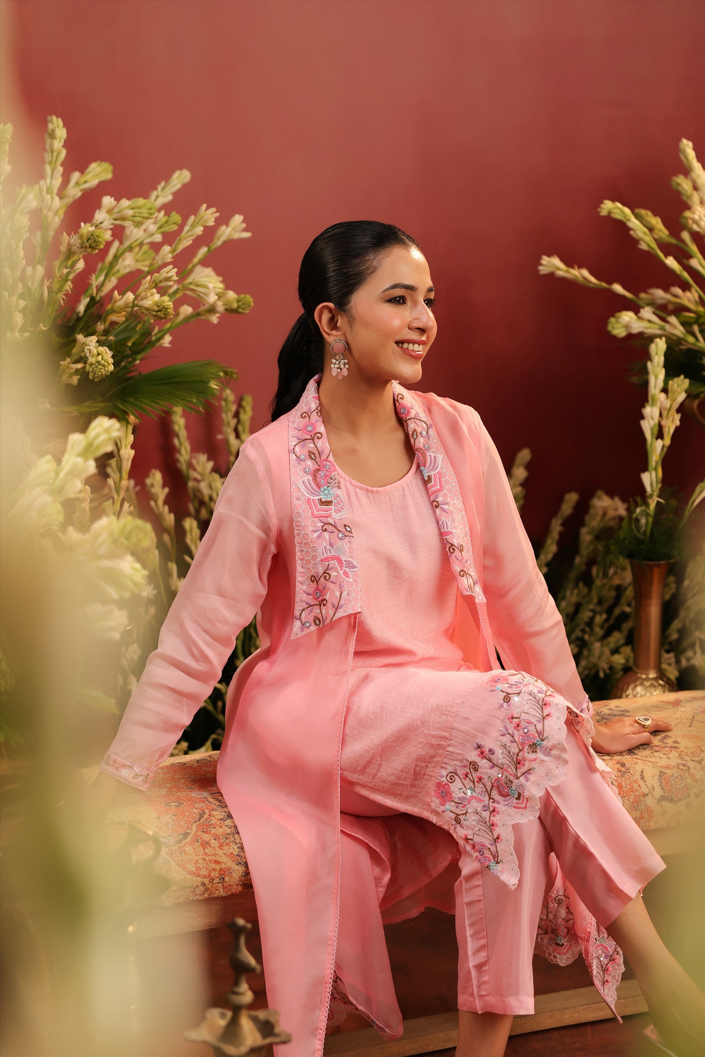 Pink Organza Silk Embroidered Shrug Set