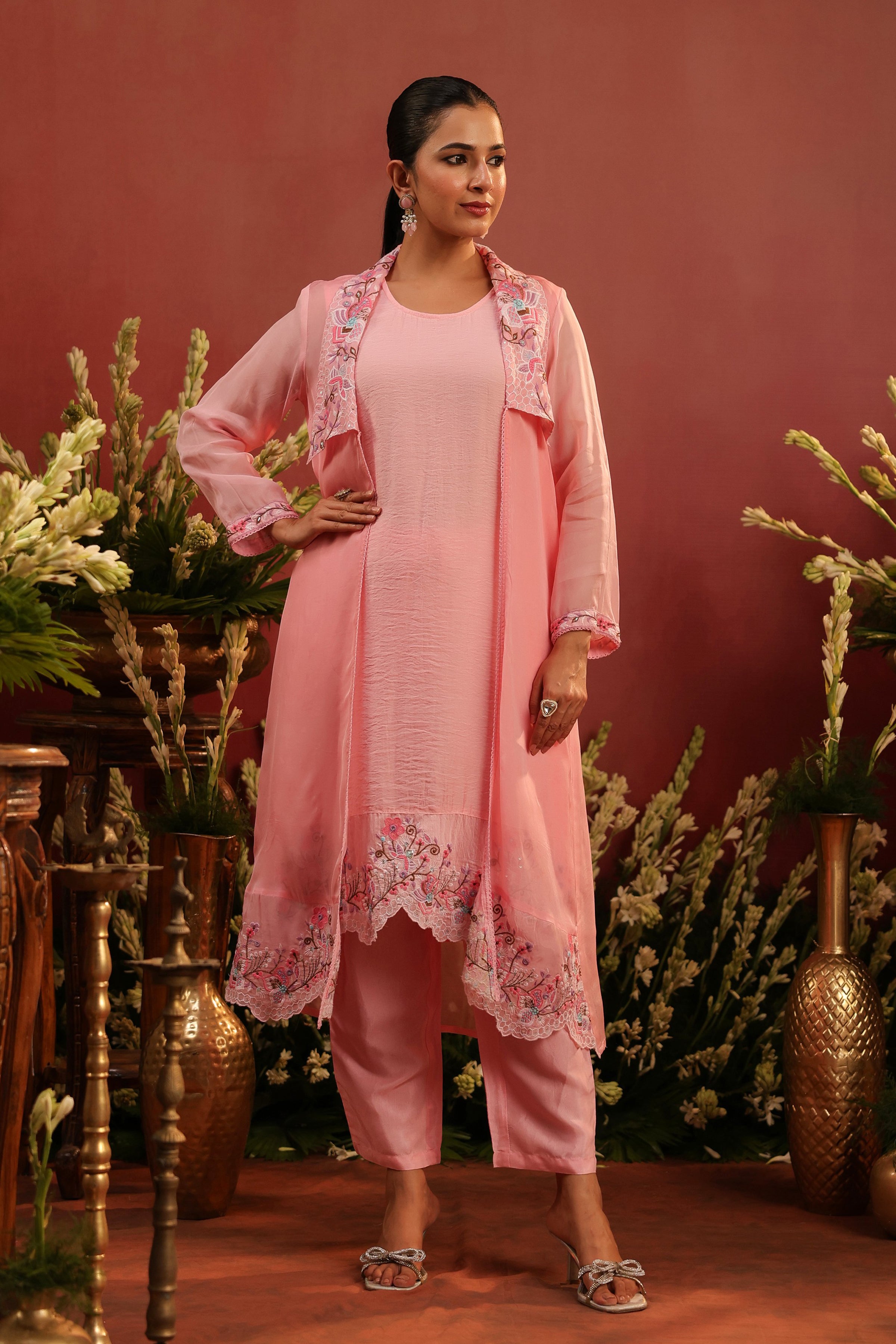 Pink Organza Silk Embroidered Shrug Set