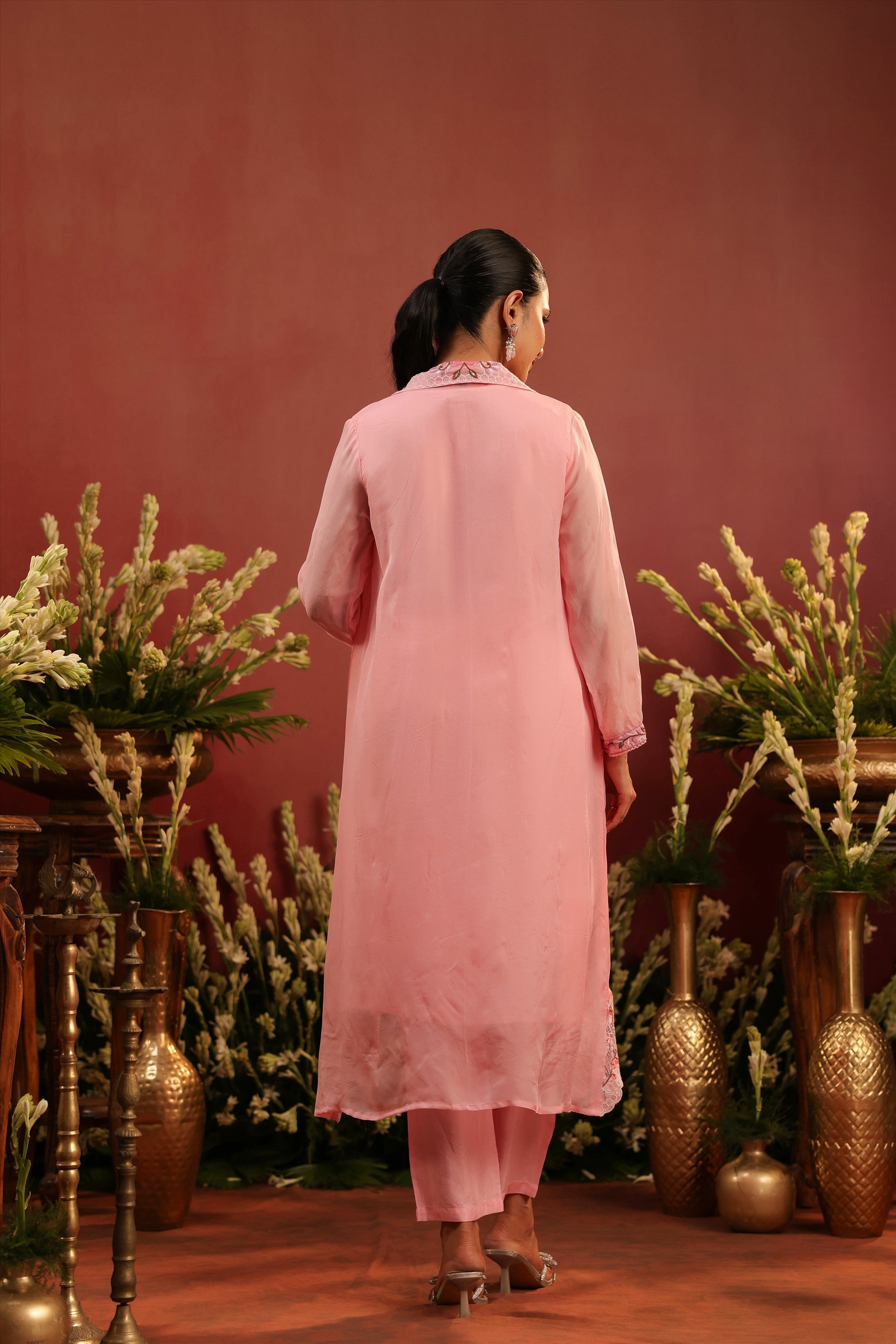 Pink Organza Silk Embroidered Shrug Set