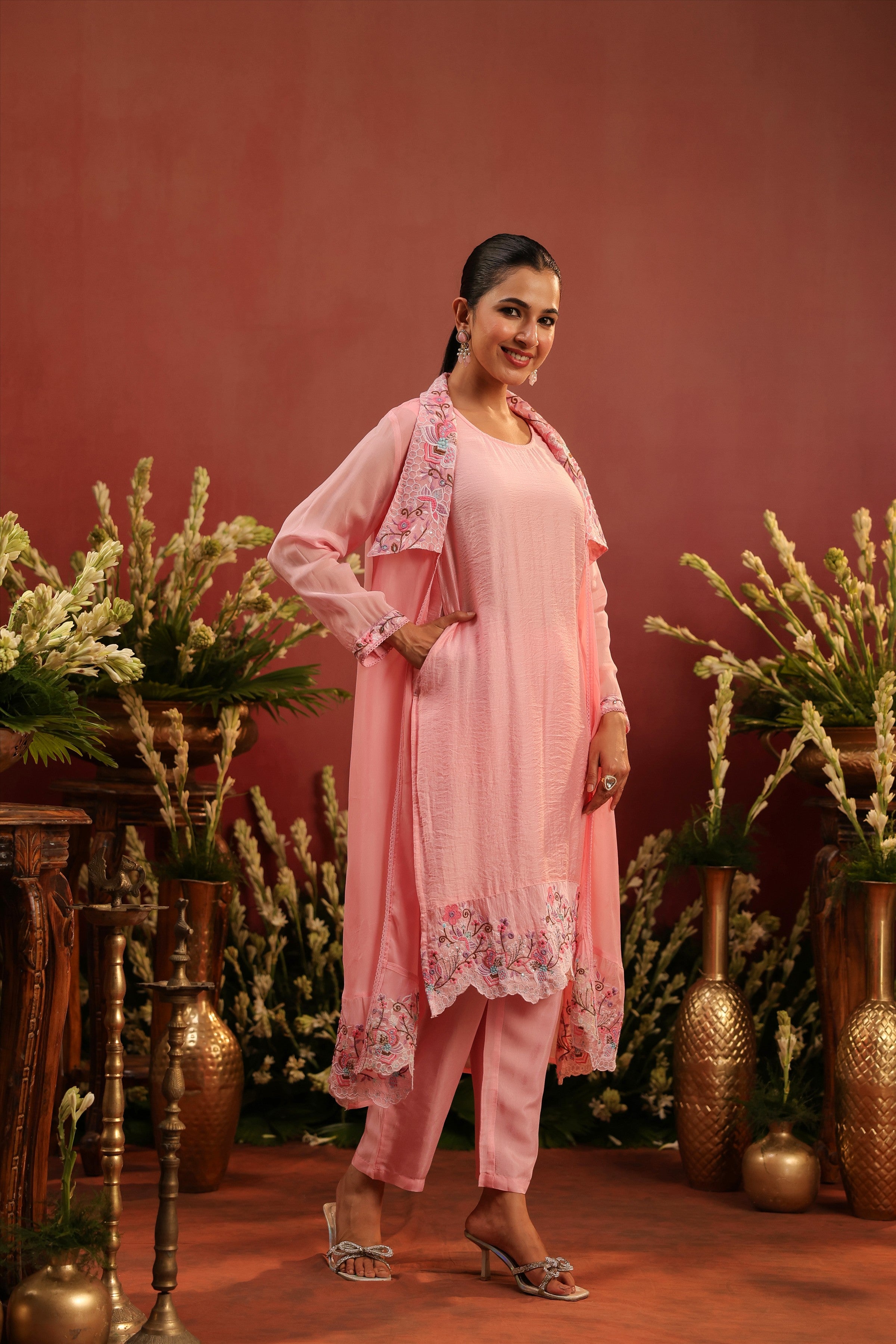 Pink Organza Silk Embroidered Shrug Set
