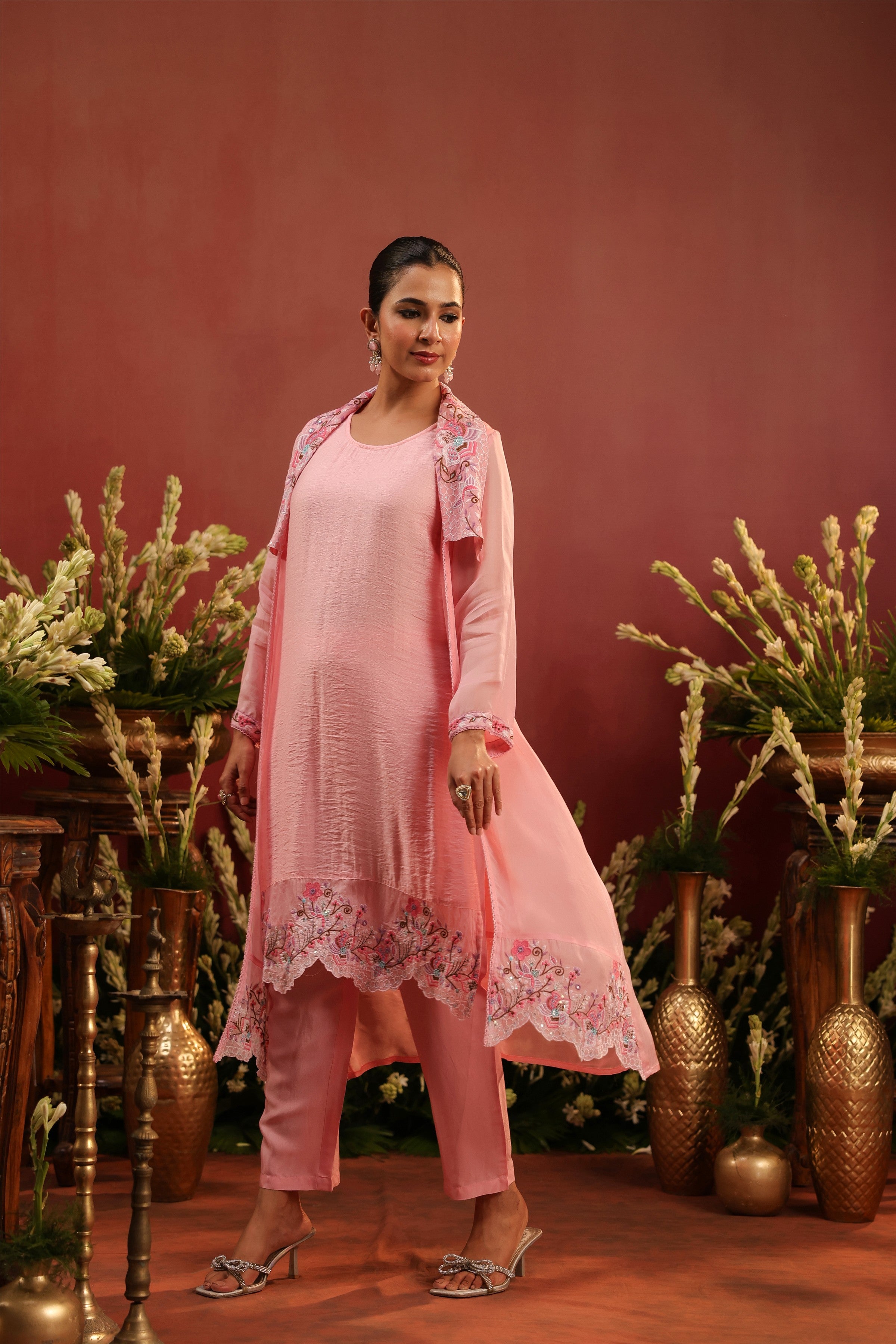 Pink Organza Silk Embroidered Shrug Set