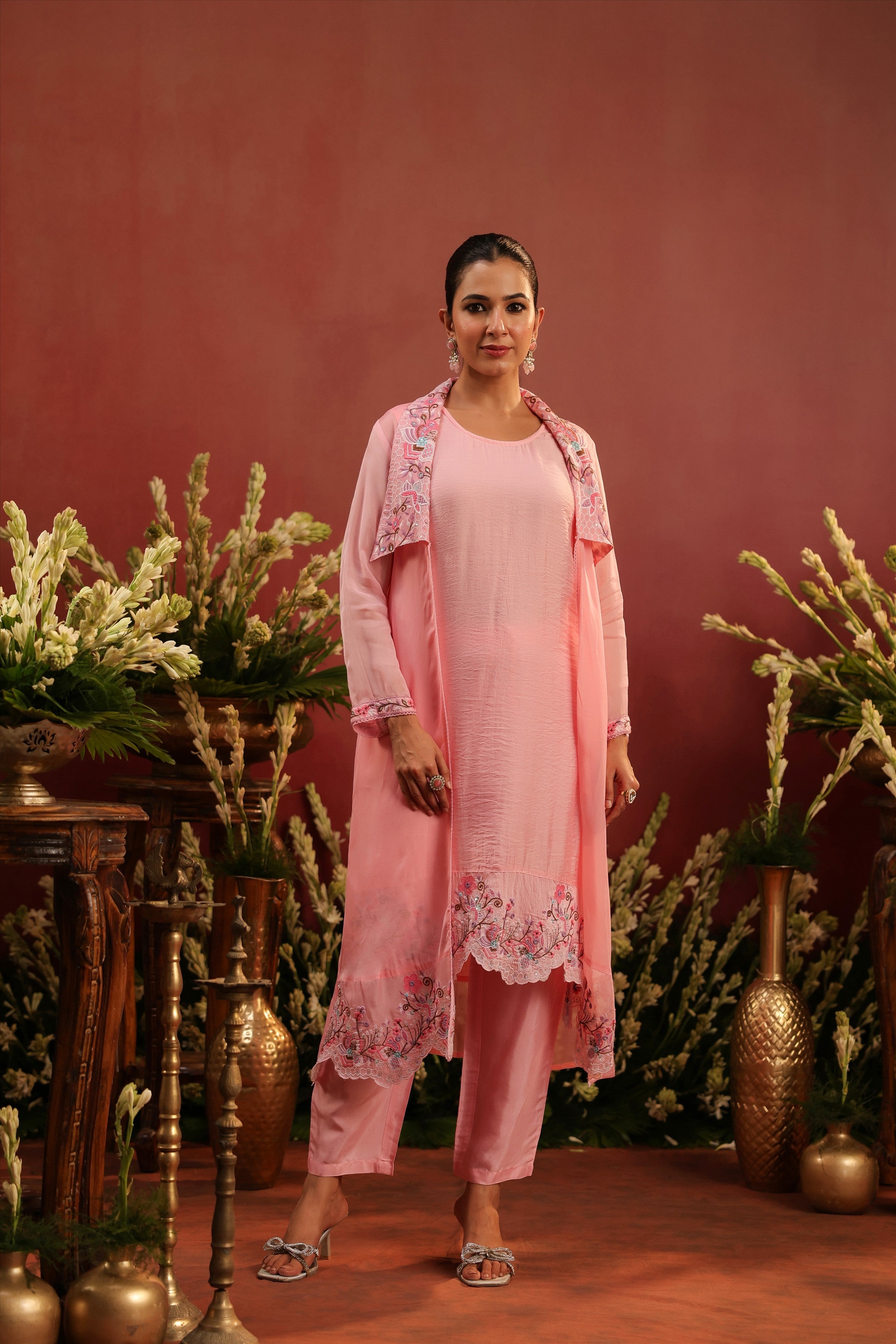 Pink Organza Silk Embroidered Shrug Set