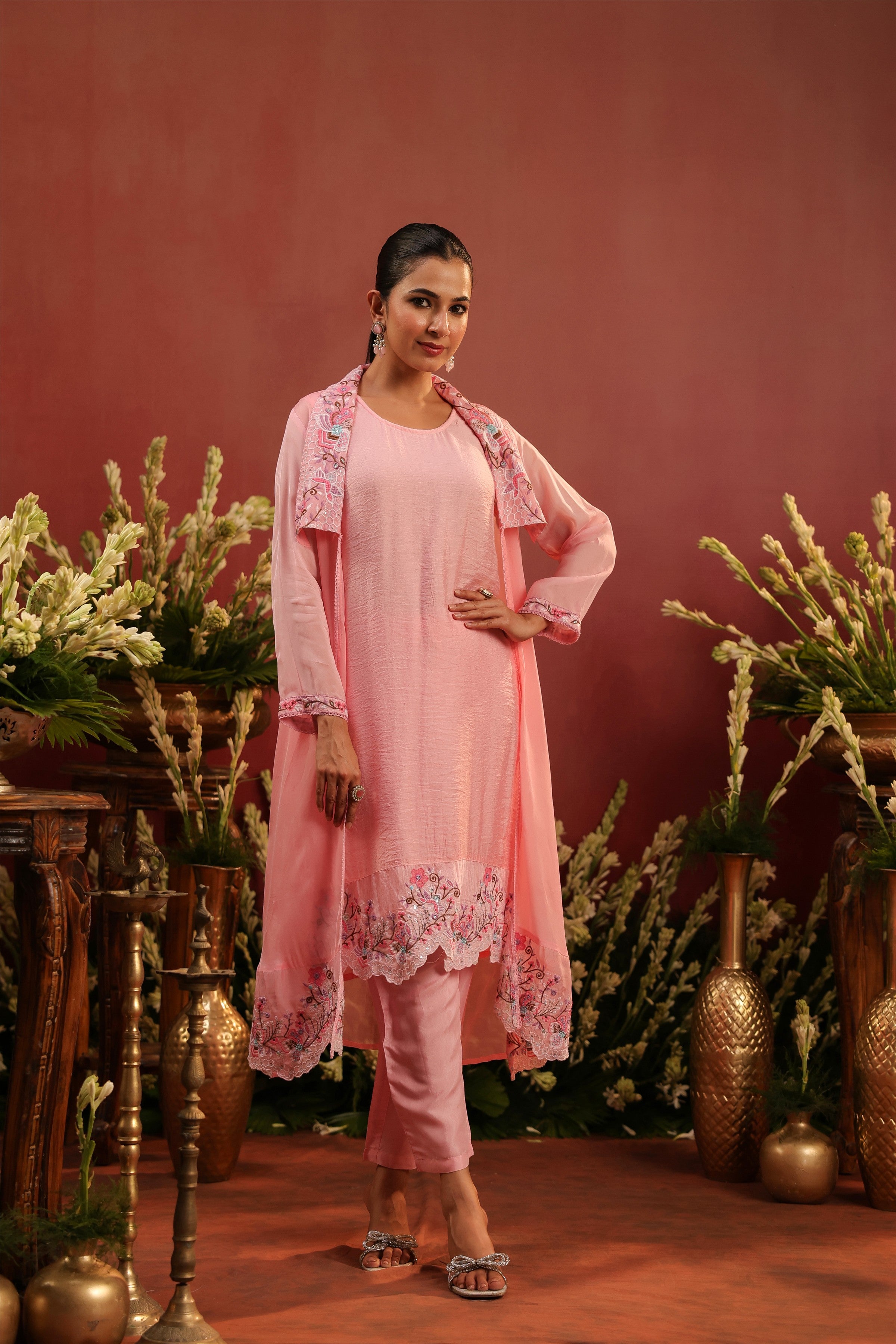 Pink Organza Silk Embroidered Shrug Set