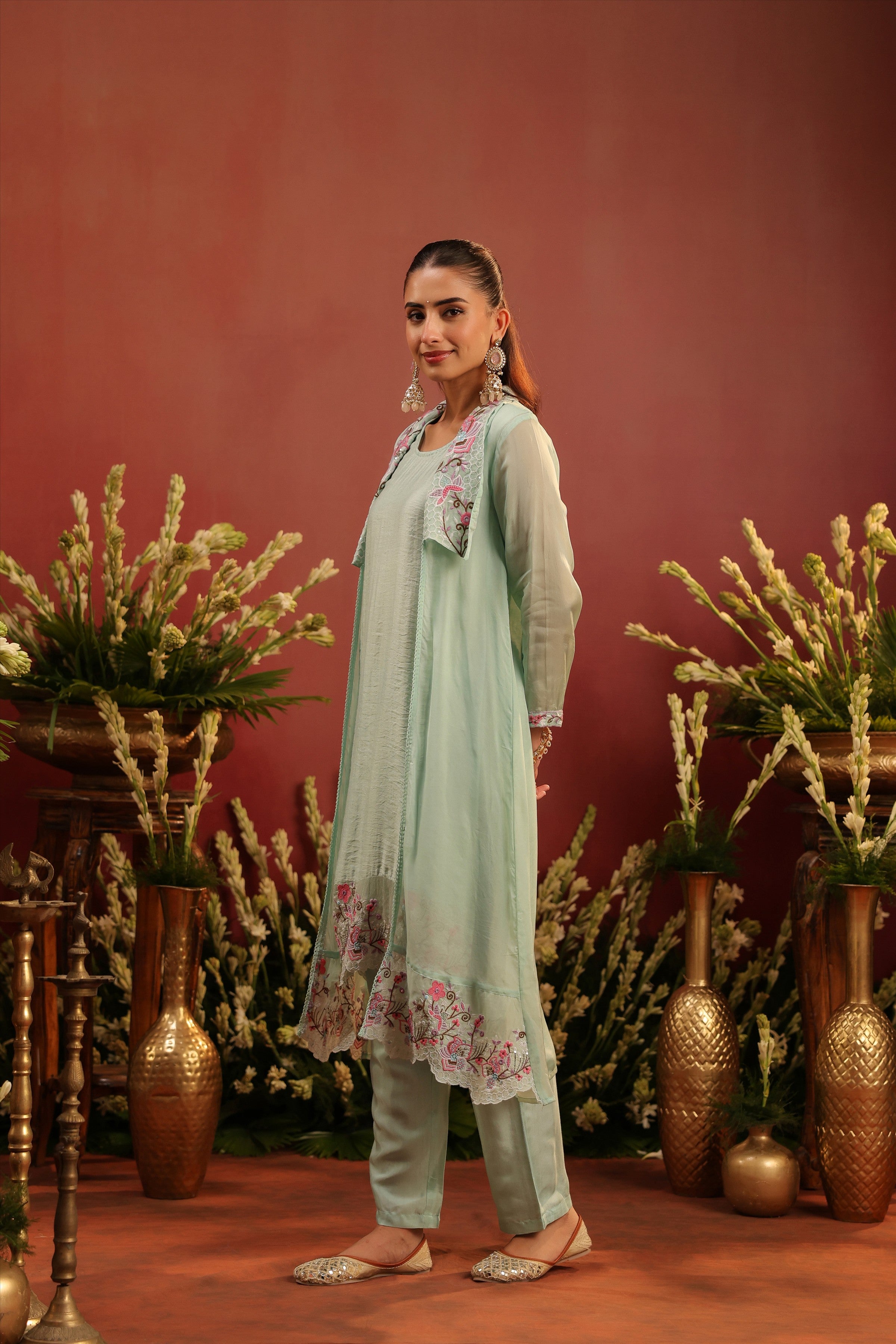 Sea Green Organza Silk Embroidered Shrug Set