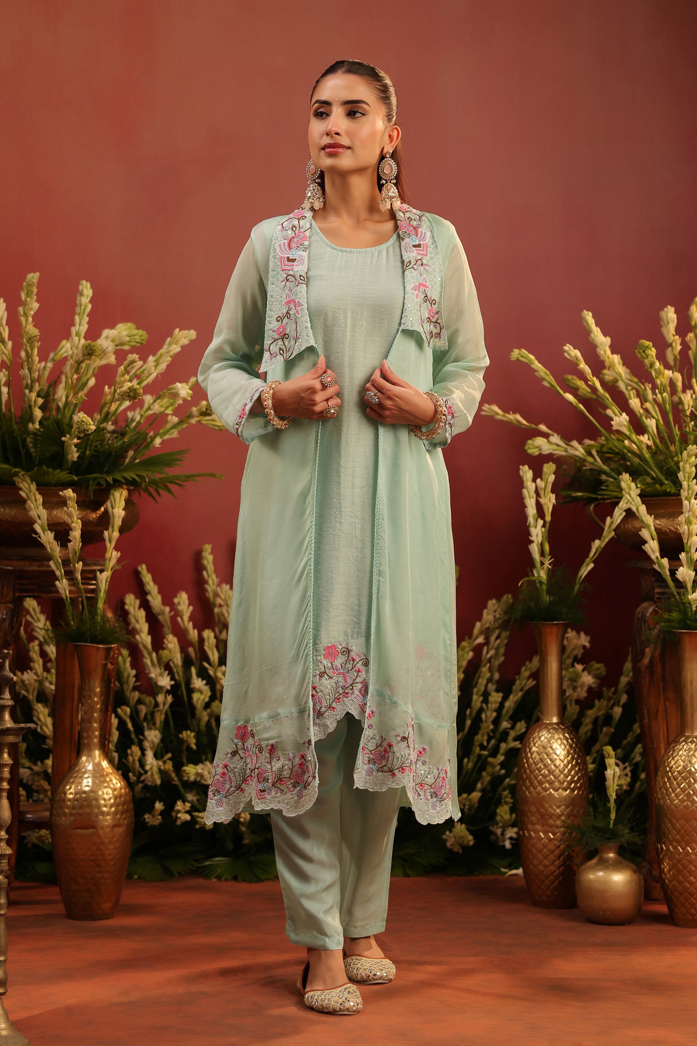 Sea Green Organza Silk Embroidered Shrug Set