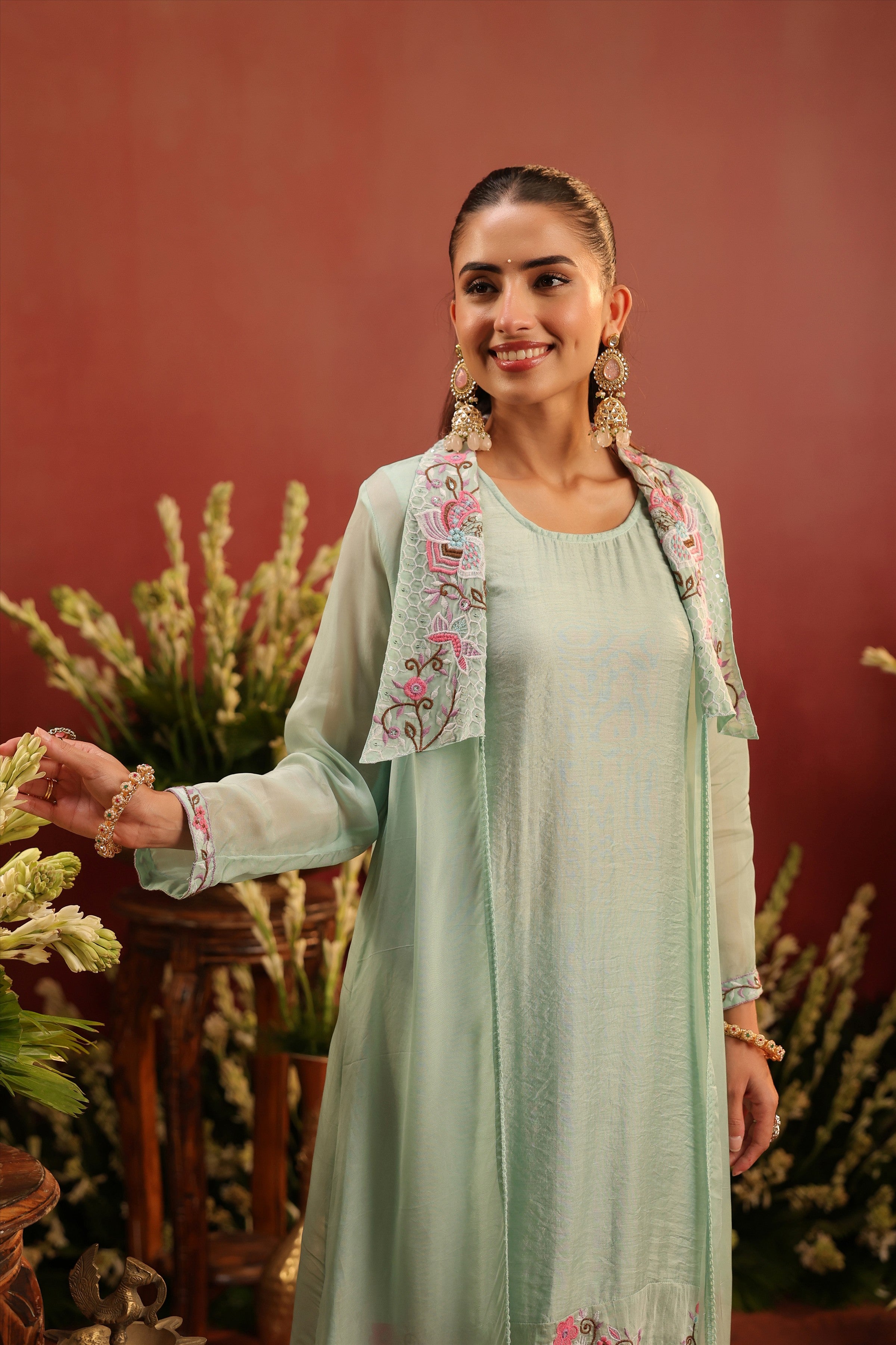 Sea Green Organza Silk Embroidered Shrug Set