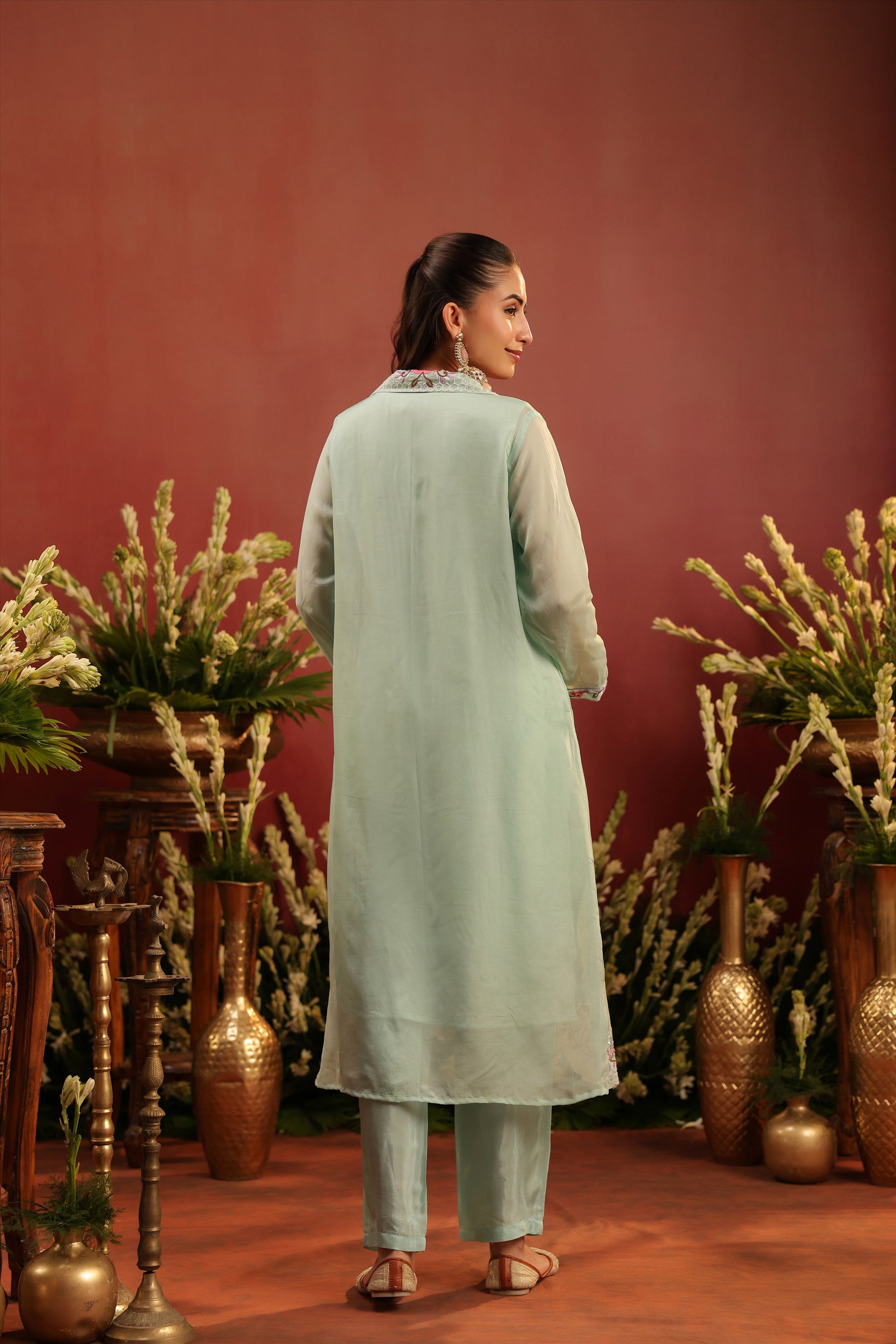 Sea Green Organza Silk Embroidered Shrug Set