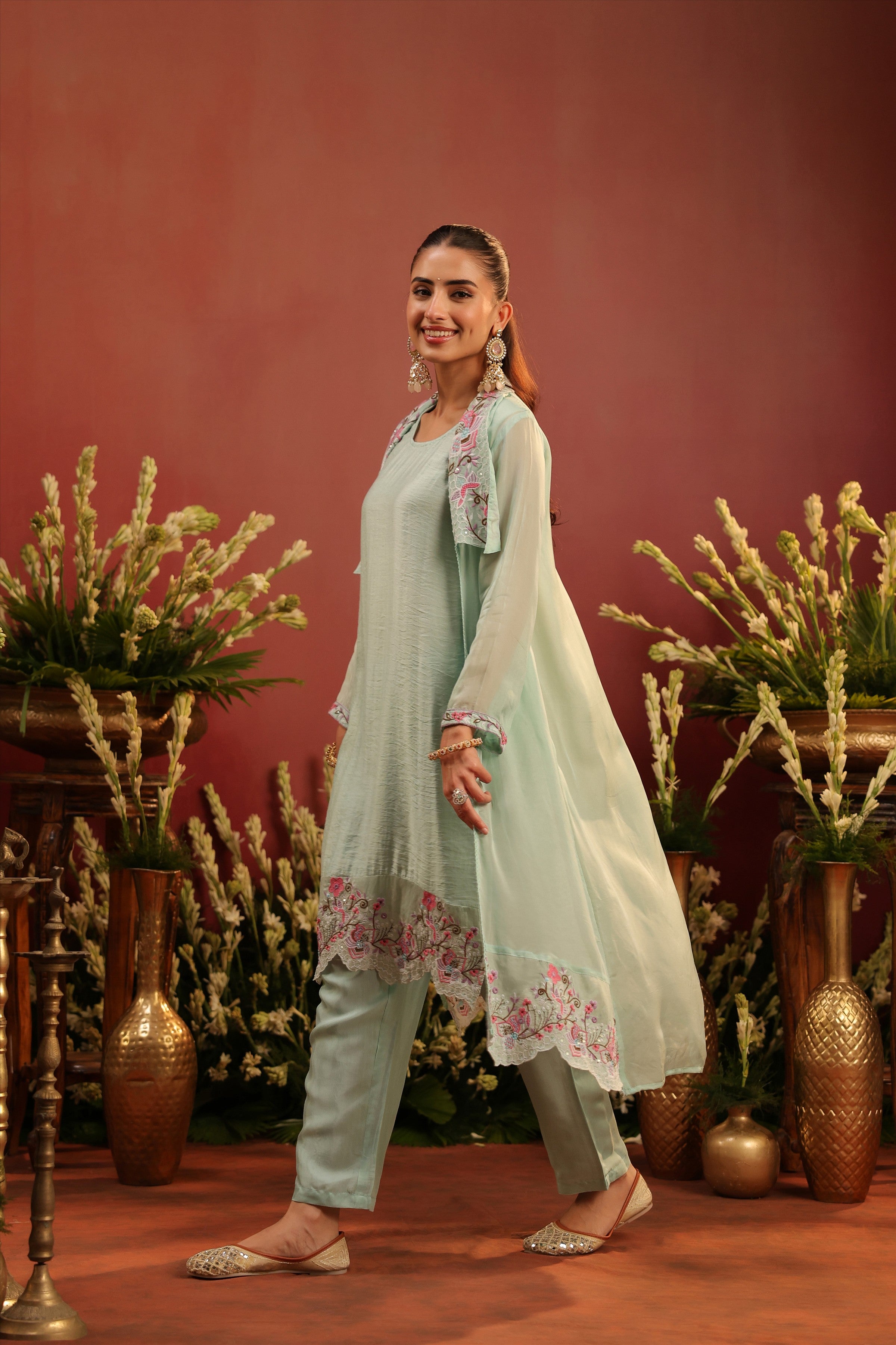 Sea Green Organza Silk Embroidered Shrug Set