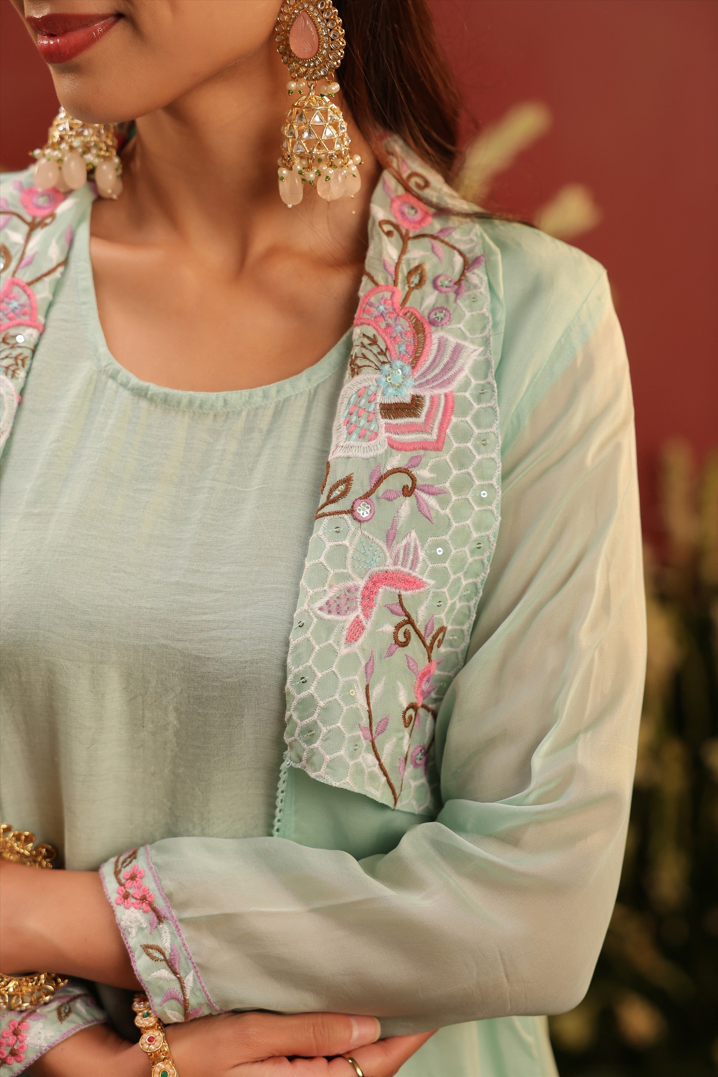 Sea Green Organza Silk Embroidered Shrug Set