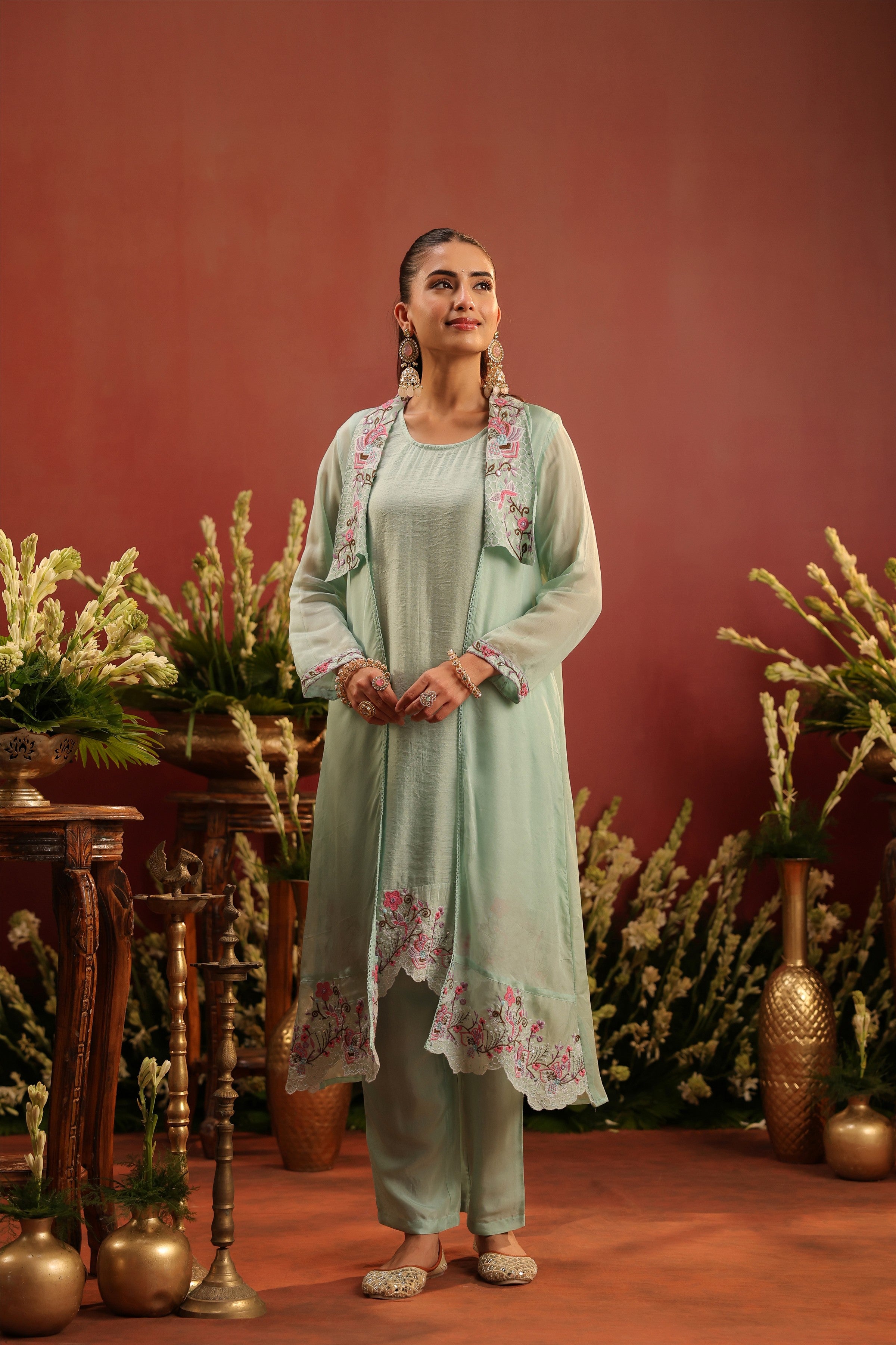 Sea Green Organza Silk Embroidered Shrug Set