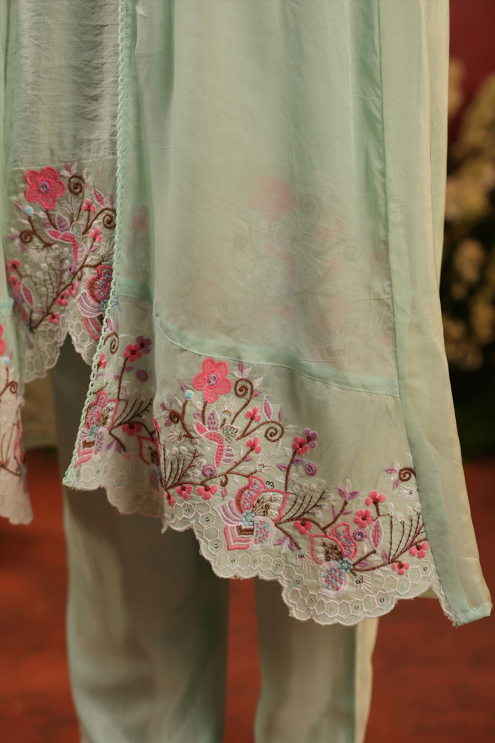 Sea Green Organza Silk Embroidered Shrug Set