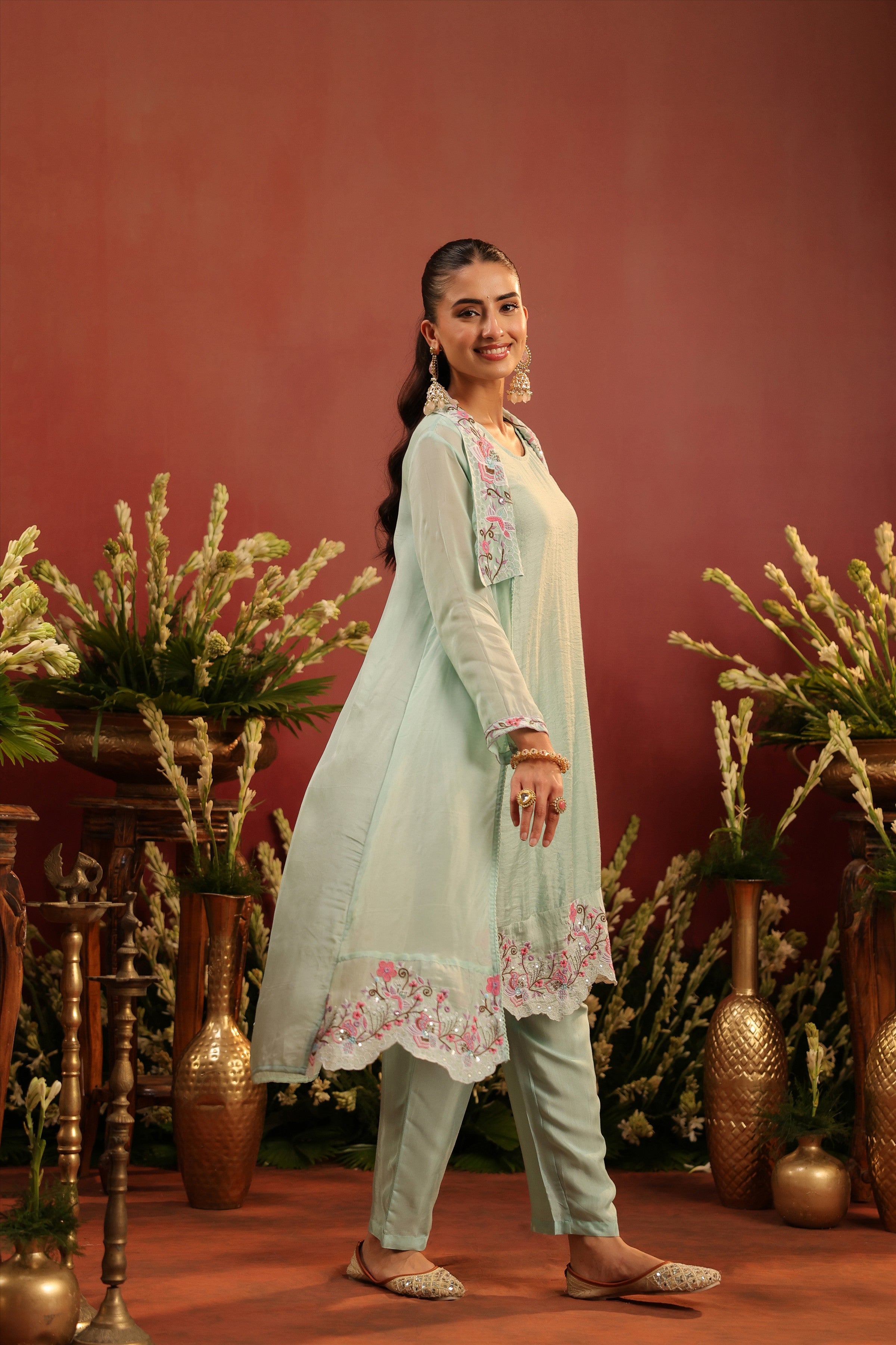 Sea Green Organza Silk Embroidered Shrug Set