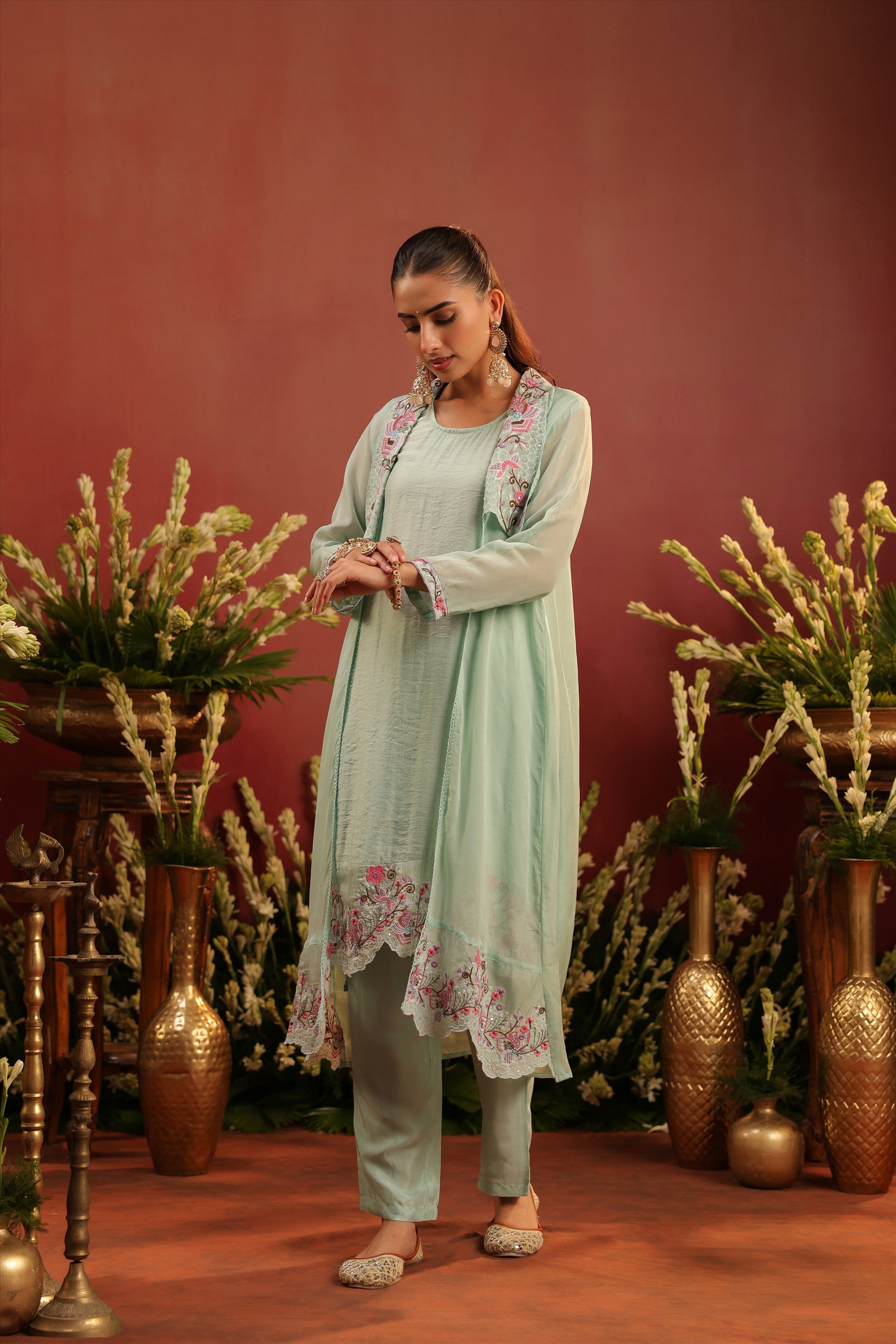 Sea Green Organza Silk Embroidered Shrug Set