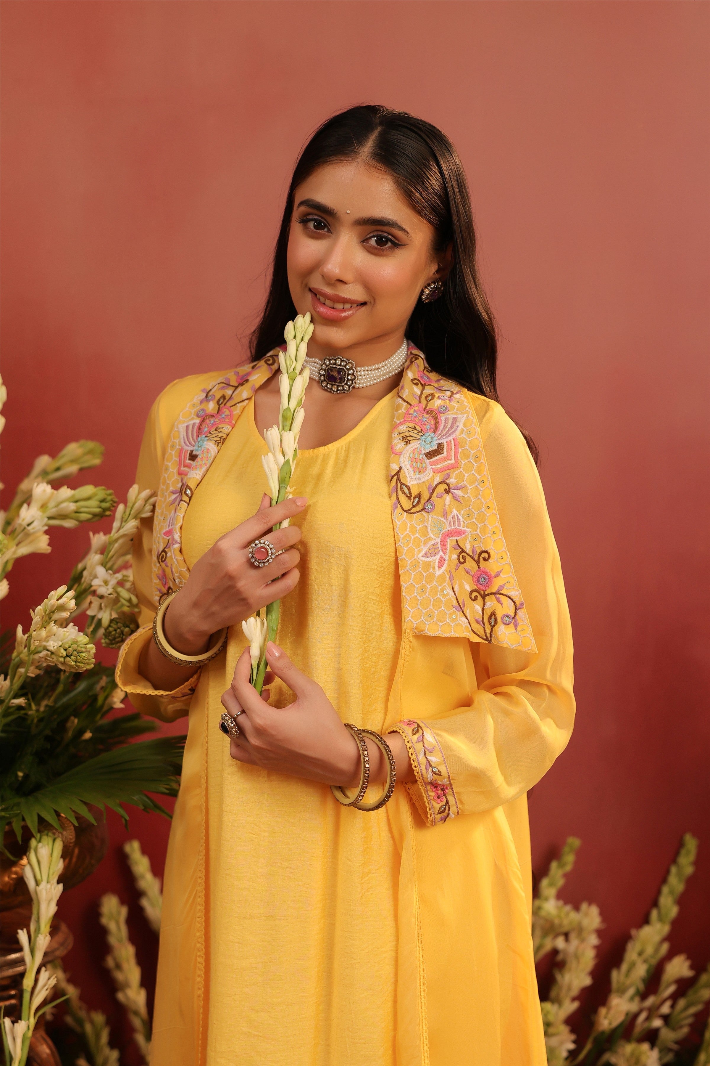 Yellow Organza Silk Embroidered Shrug Set
