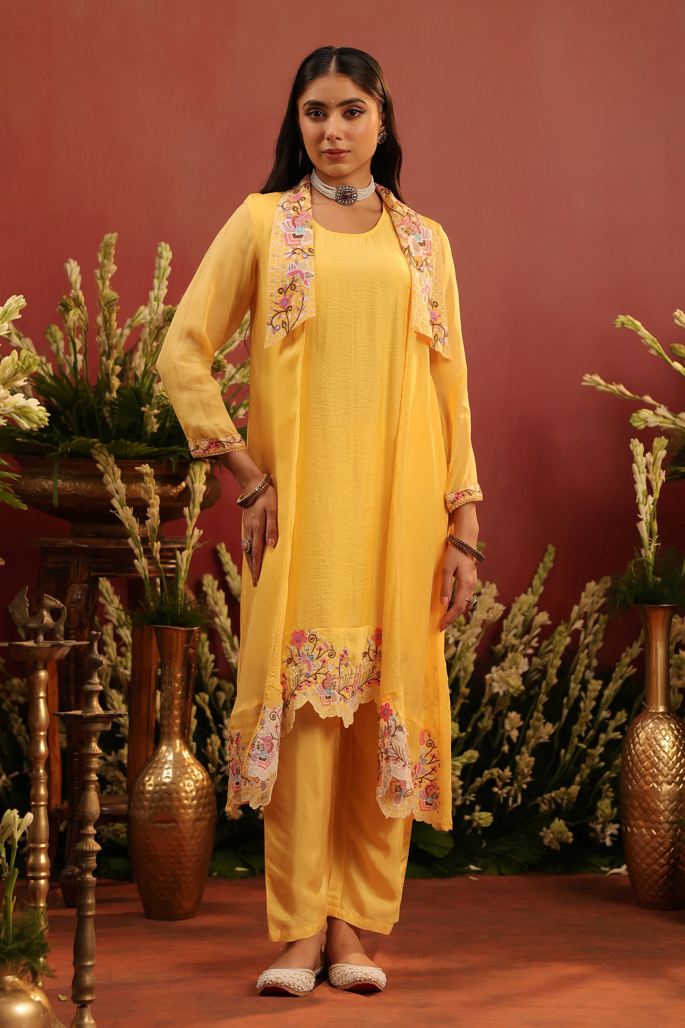 Yellow Organza Silk Embroidered Shrug Set