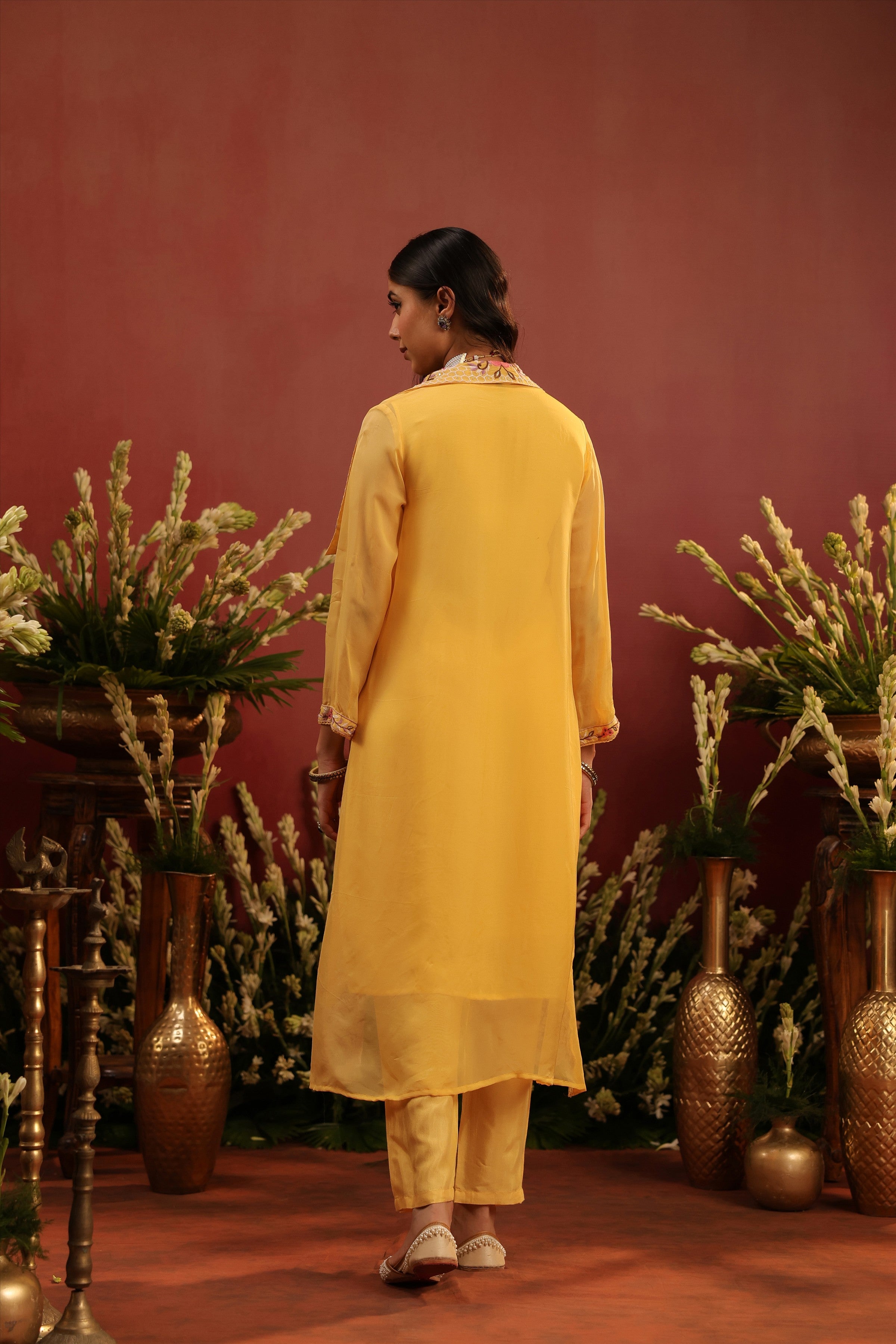Yellow Organza Silk Embroidered Shrug Set