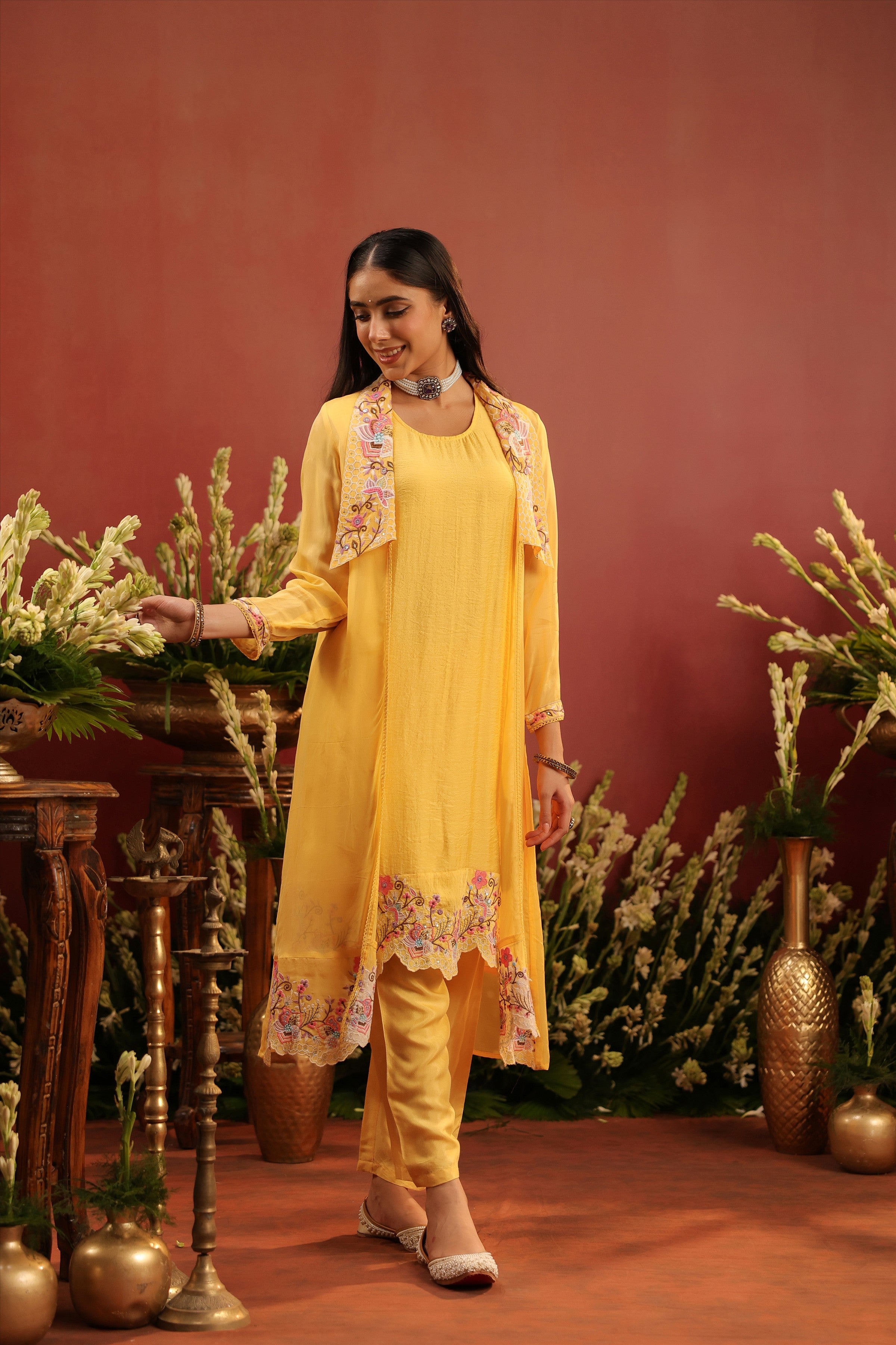Yellow Organza Silk Embroidered Shrug Set
