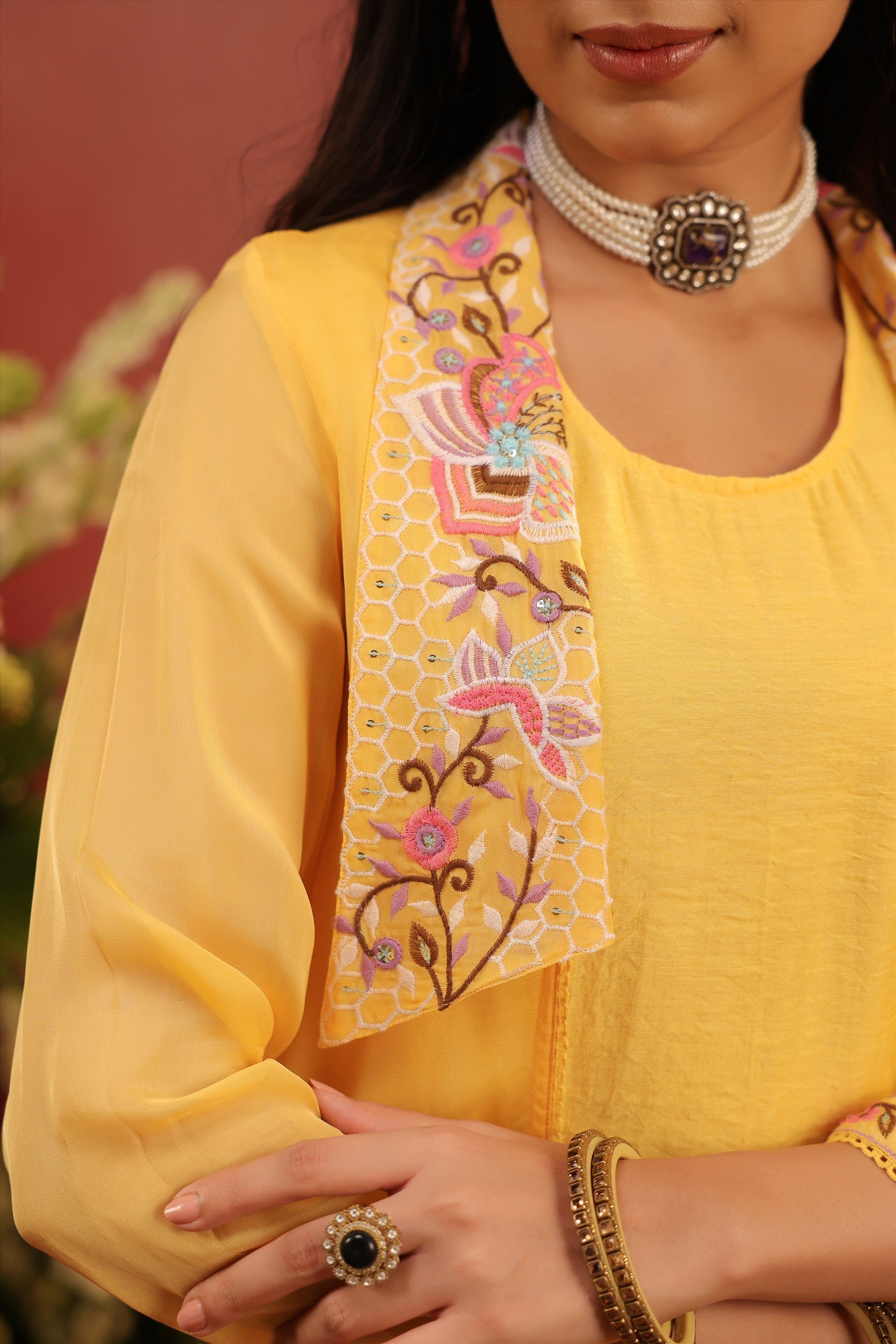 Yellow Organza Silk Embroidered Shrug Set