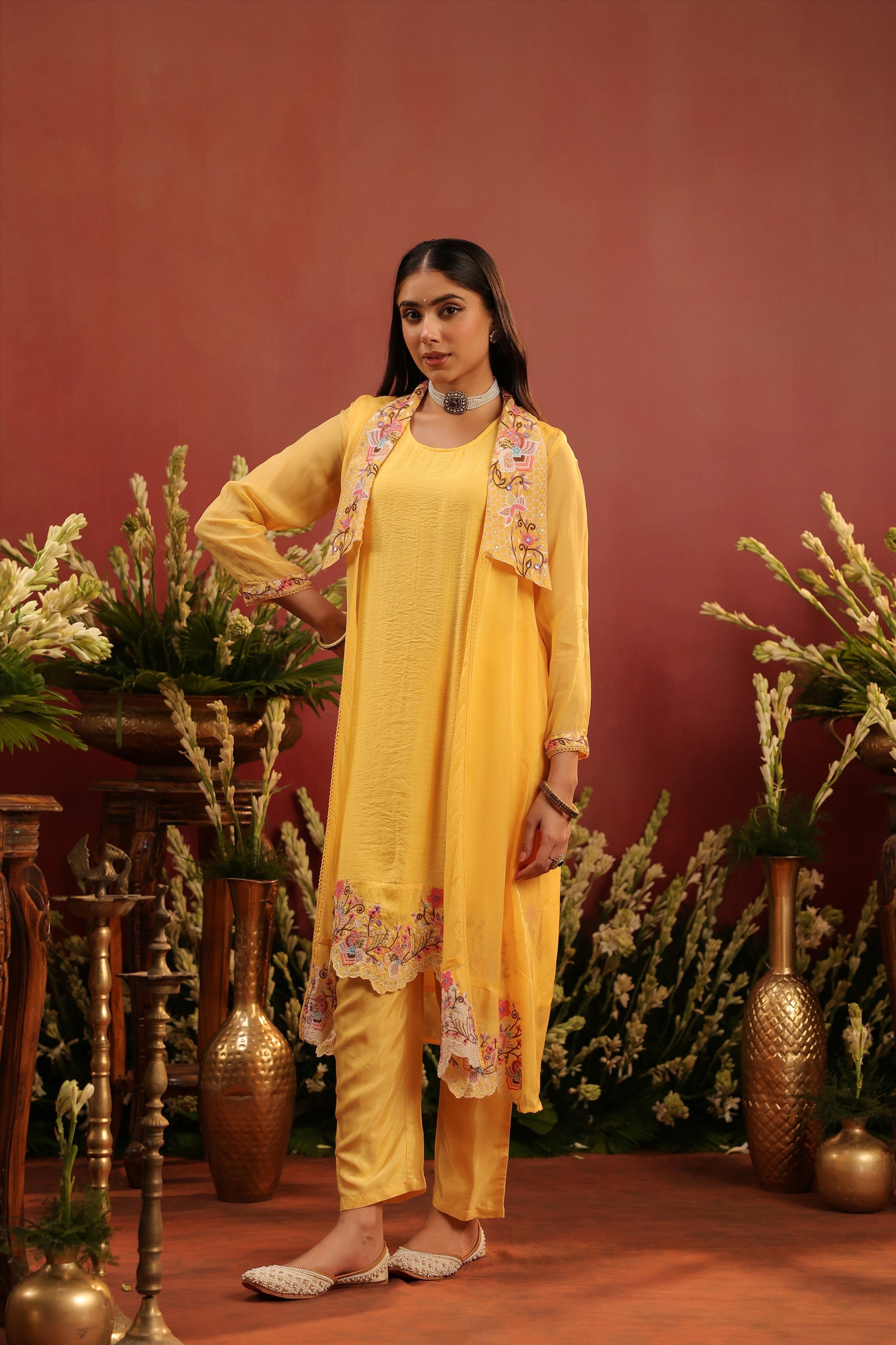 Yellow Organza Silk Embroidered Shrug Set