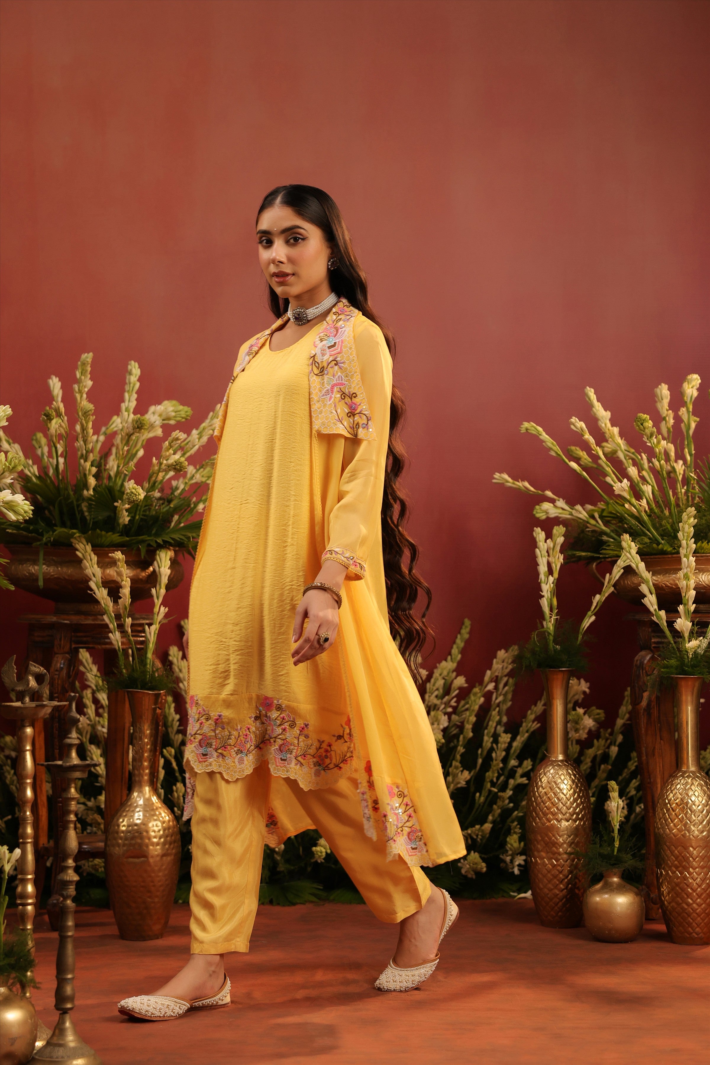 Yellow Organza Silk Embroidered Shrug Set